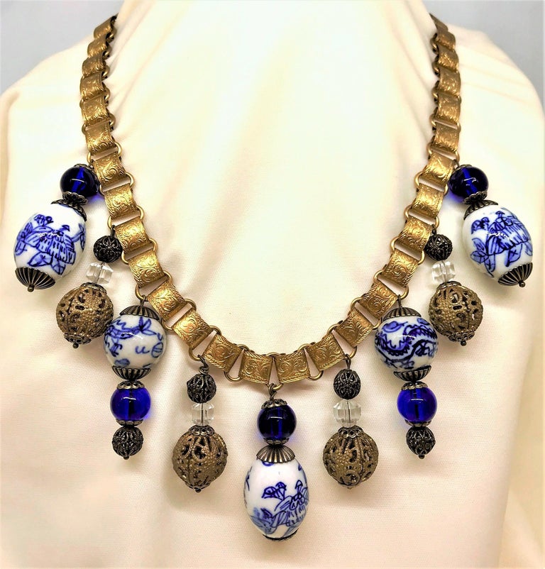 Blue and White Porcelain Chinese Bead and Brass Bookchain Necklace For