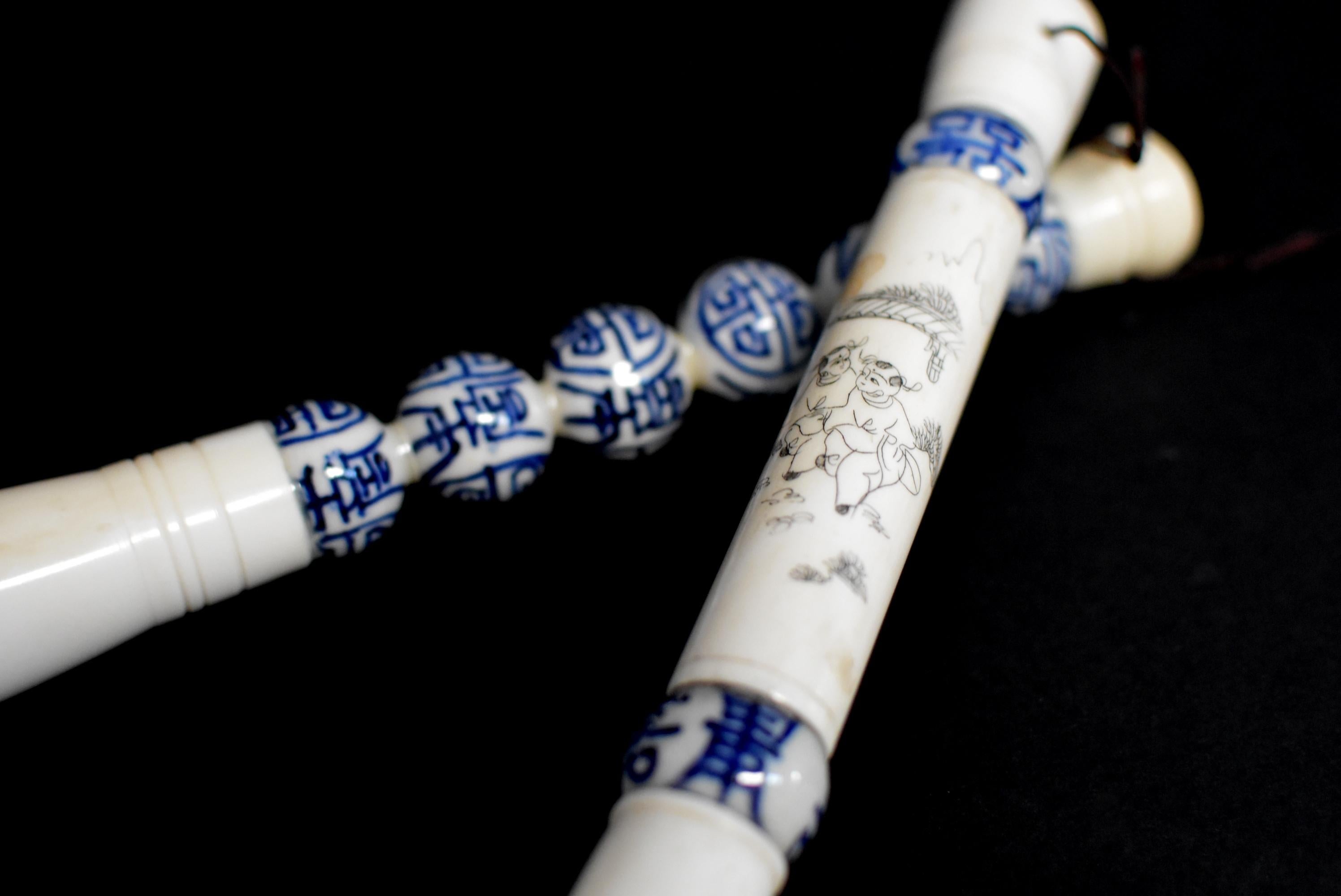 Blue and White Porcelain Chinese Calligraphy Brushes Set of Two 10