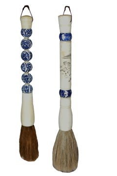 Blue and White Porcelain Chinese Calligraphy Brushes Set of Two