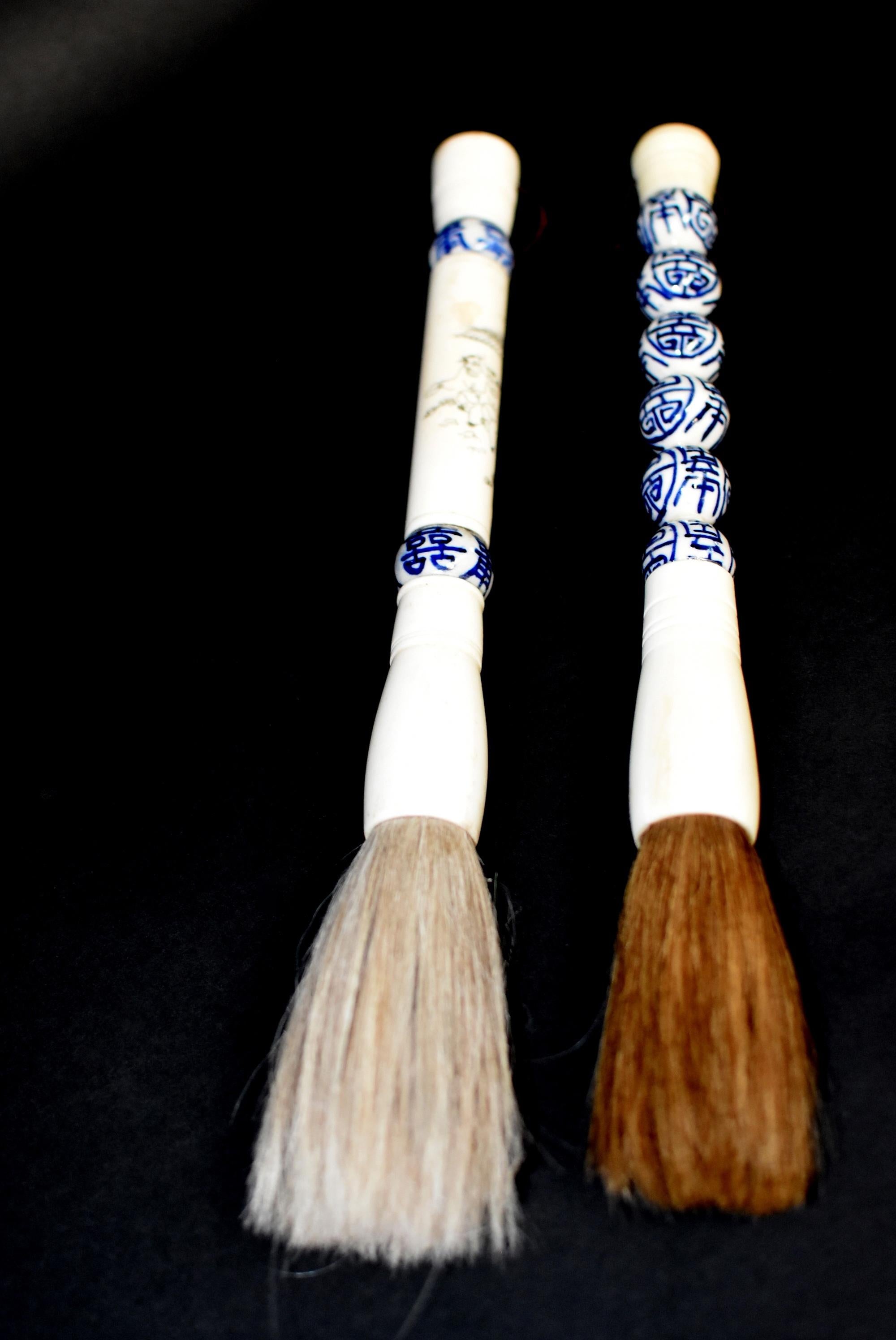 Bone Blue and White Porcelain Chinese Calligraphy Brushes Set of Two