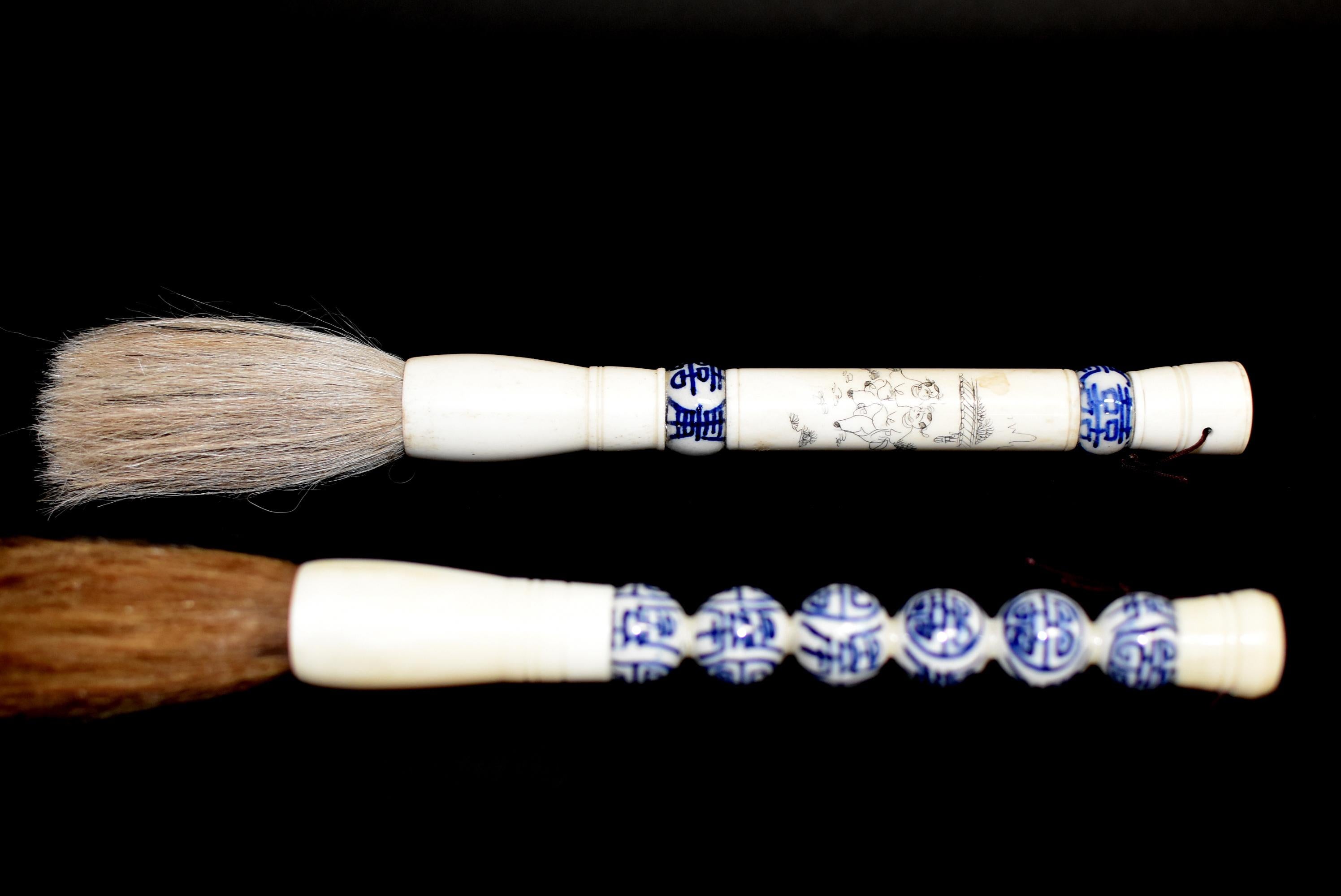 Blue and White Porcelain Chinese Calligraphy Brushes Set of Two 1