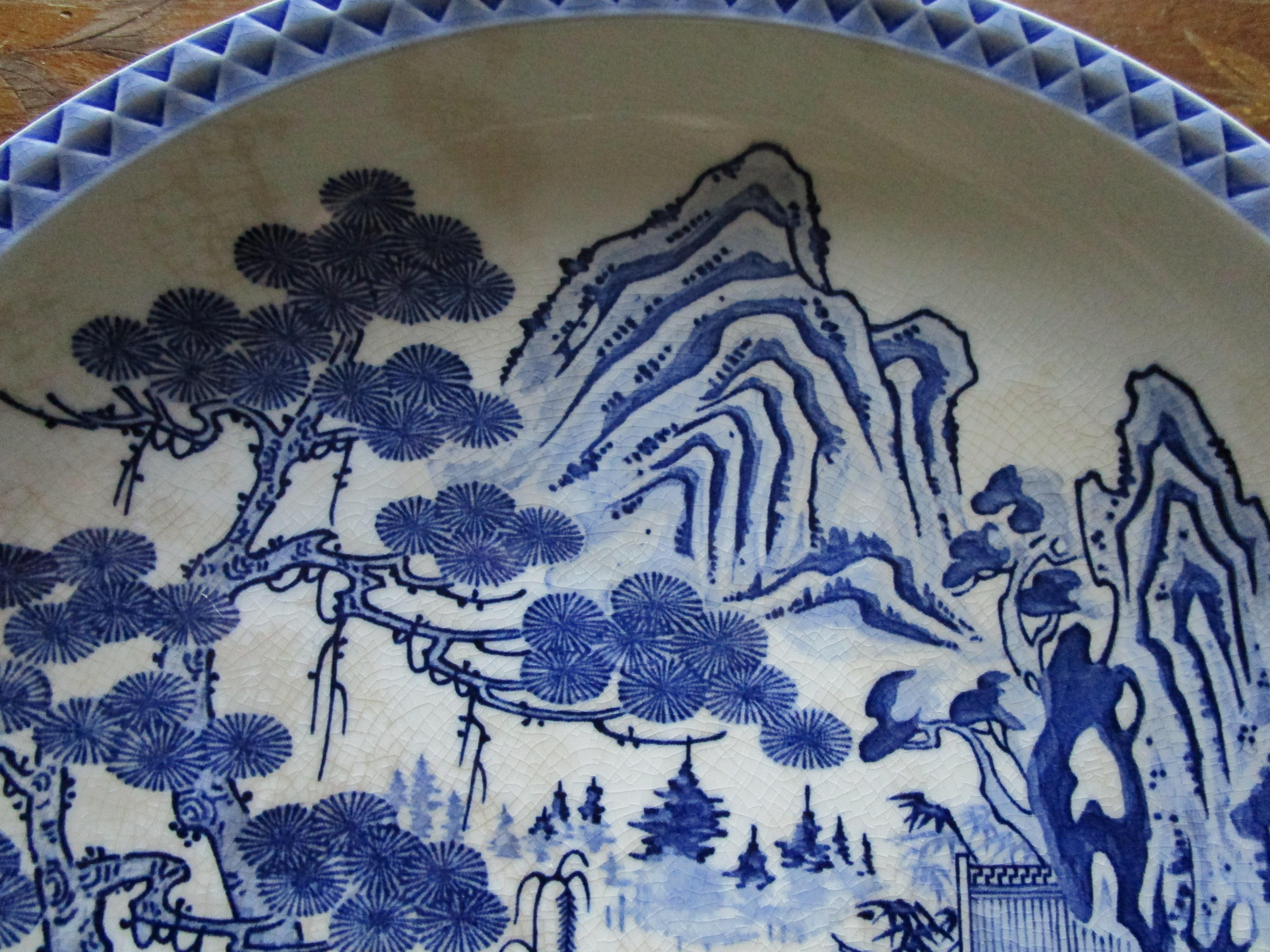 Blue and White Porcelain Chinese Export Charger with Mountains, Pagoda For Sale 3