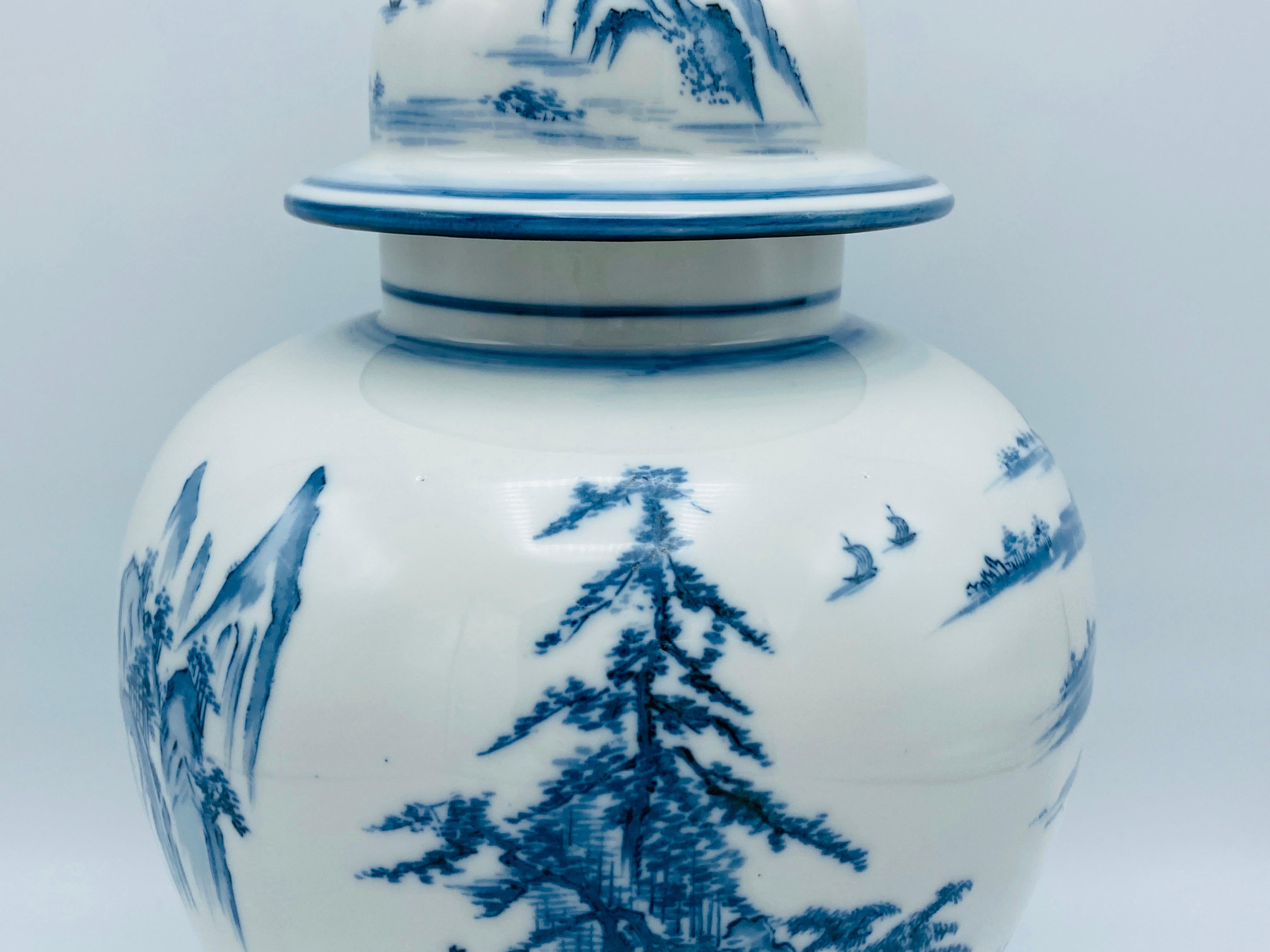 Hand-Crafted Blue and White Porcelain Chinoiserie Ginger Jar with Ornate Scene, 1970s For Sale