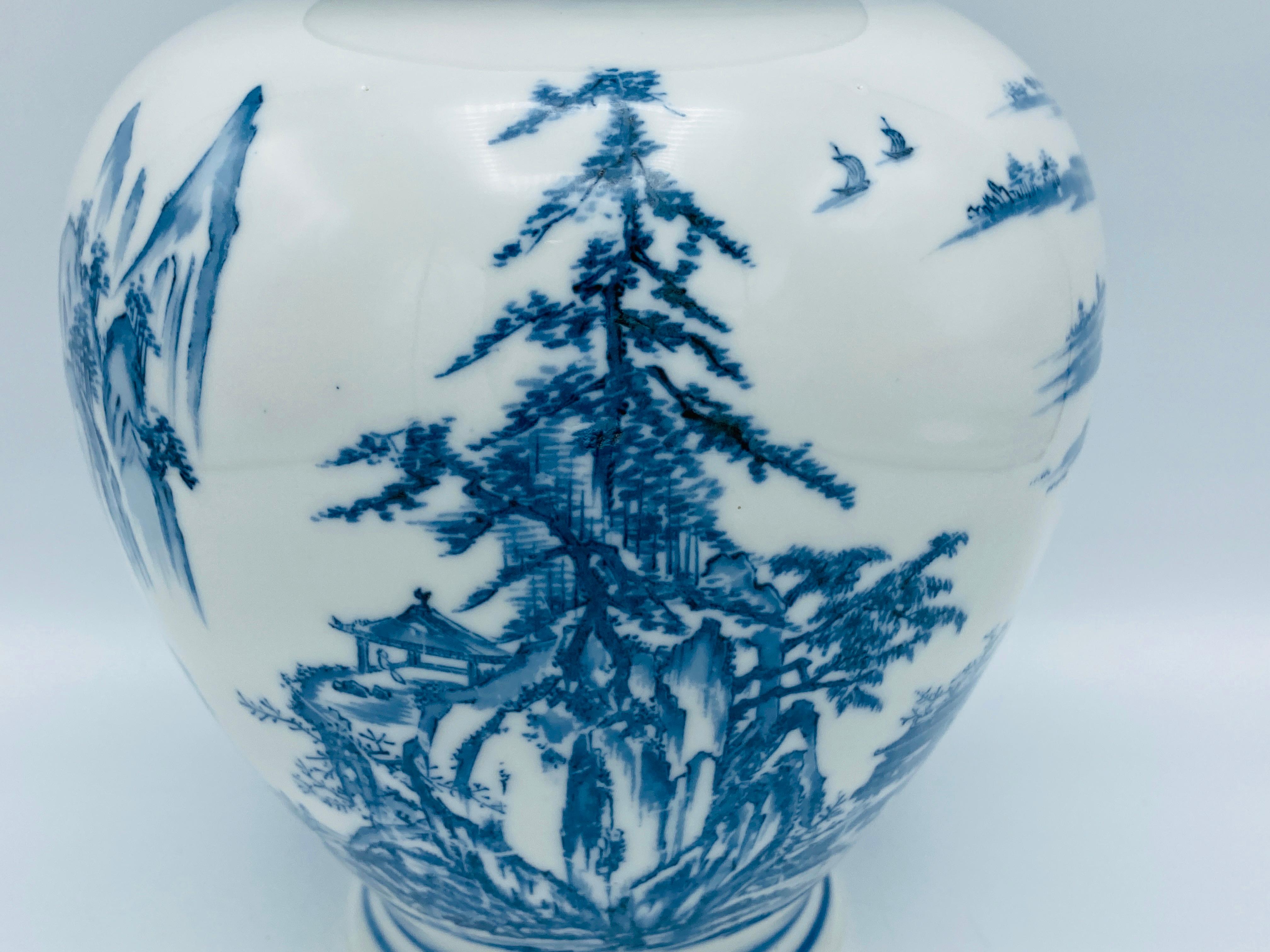 Blue and White Porcelain Chinoiserie Ginger Jar with Ornate Scene, 1970s In Good Condition For Sale In Richmond, VA