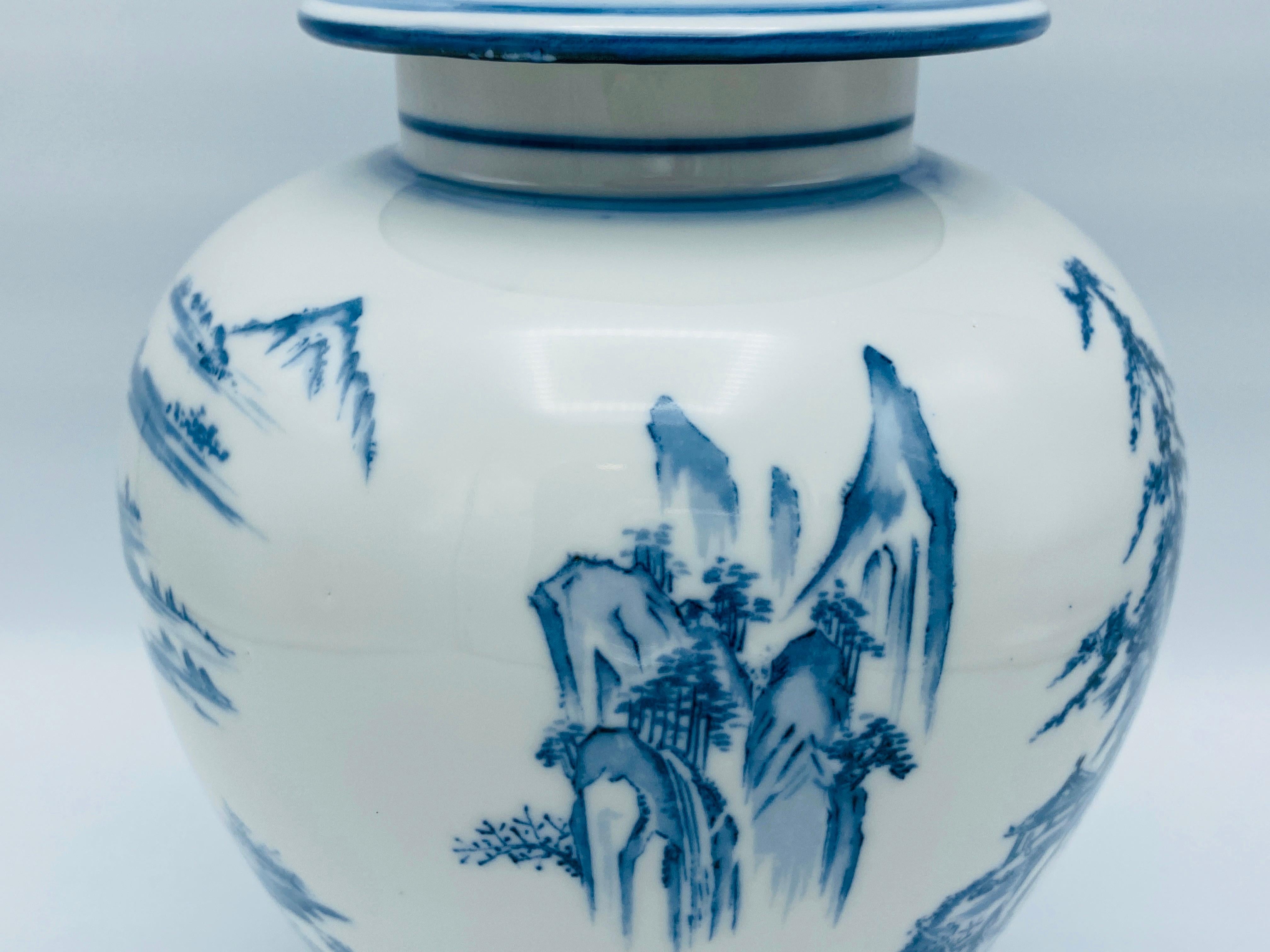 Blue and White Porcelain Chinoiserie Ginger Jar with Ornate Scene, 1970s For Sale 3