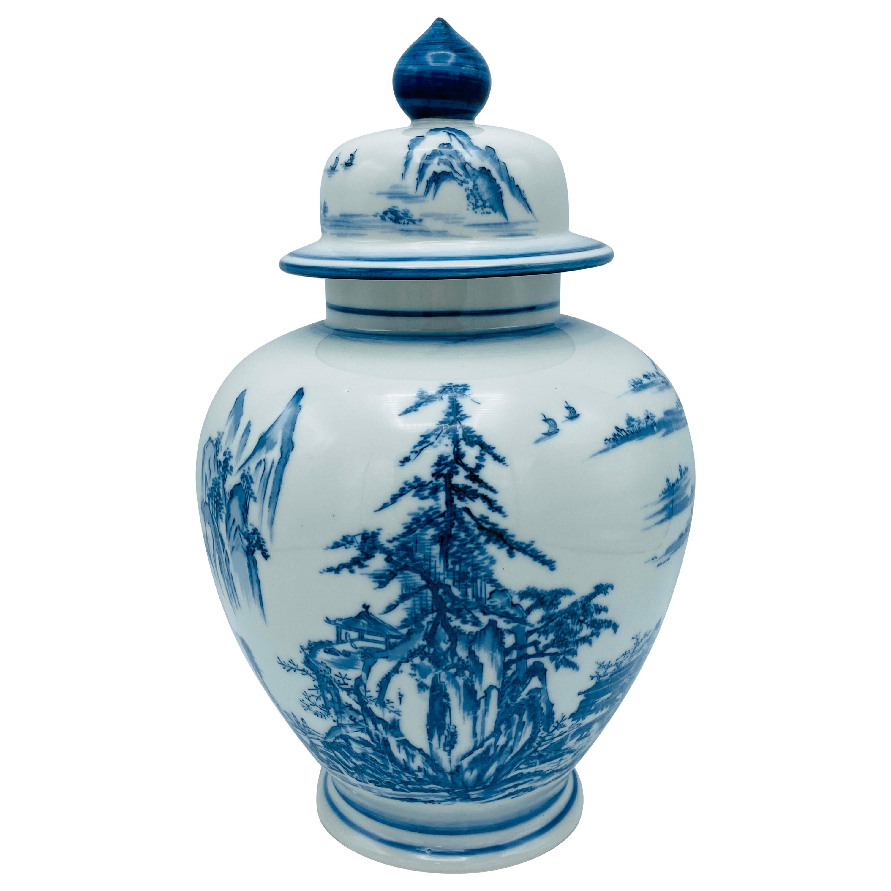 Blue and White Porcelain Chinoiserie Ginger Jar with Ornate Scene, 1970s For Sale