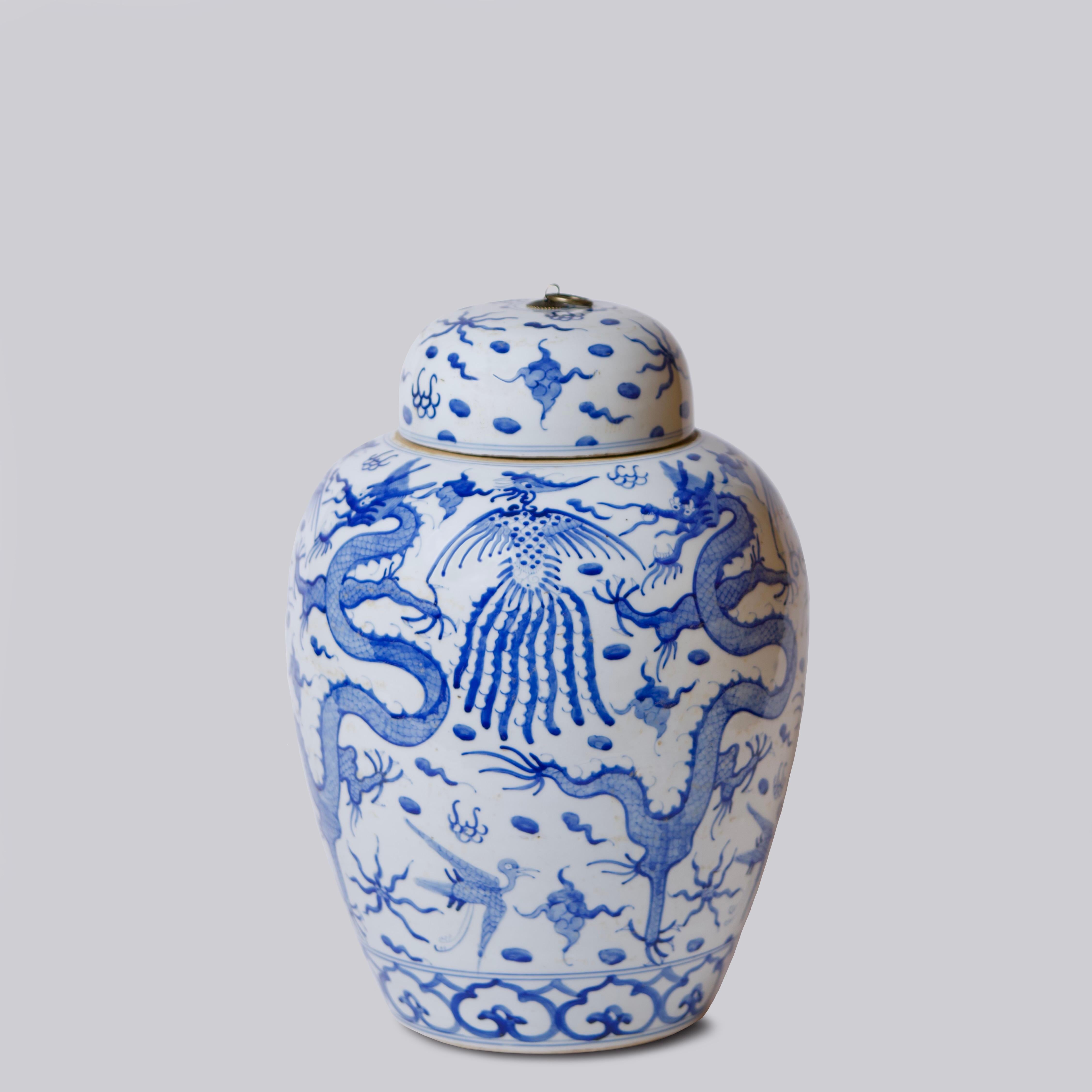 Chinese Blue and White Porcelain Dragon Temple Jar For Sale