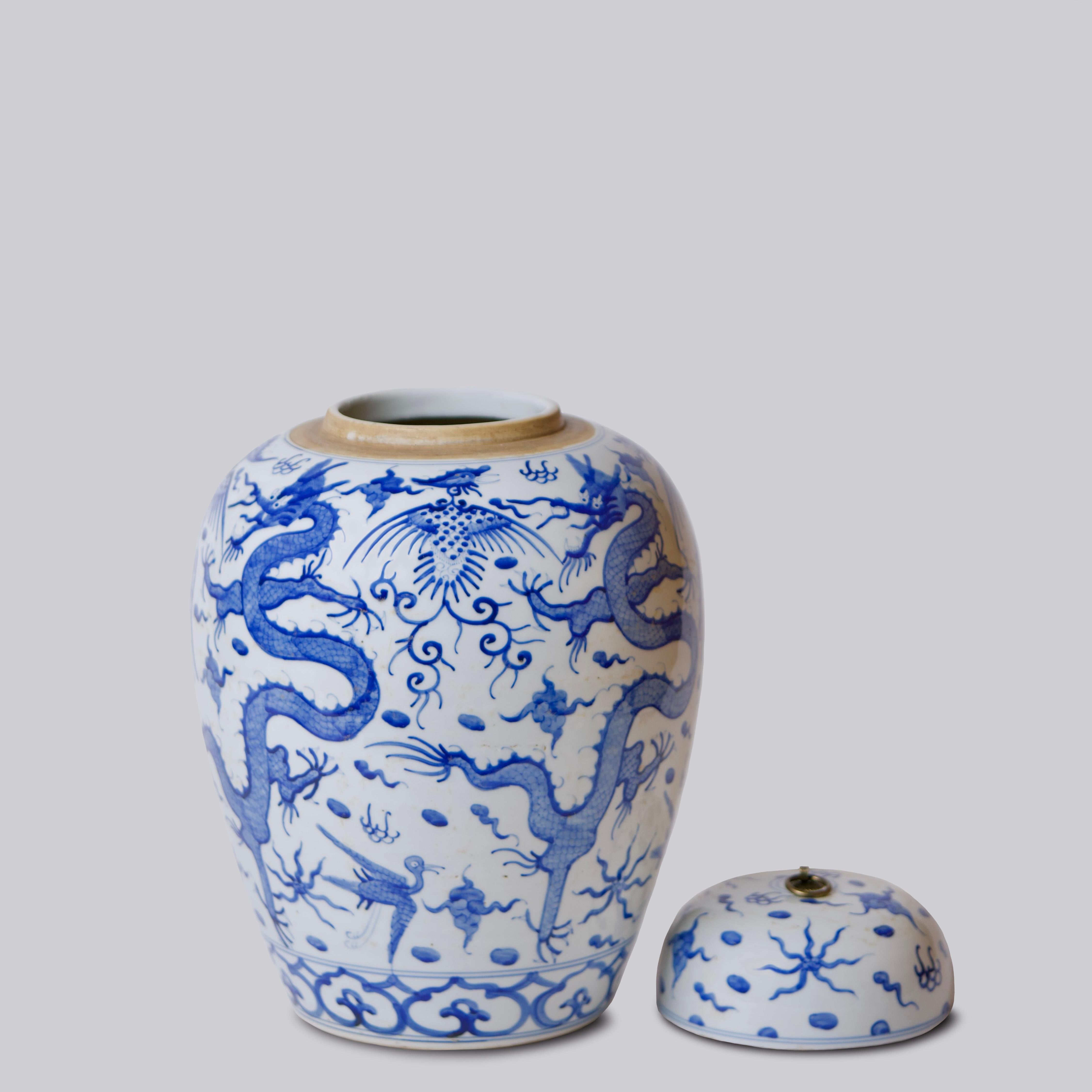 Fired Blue and White Porcelain Dragon Temple Jar For Sale