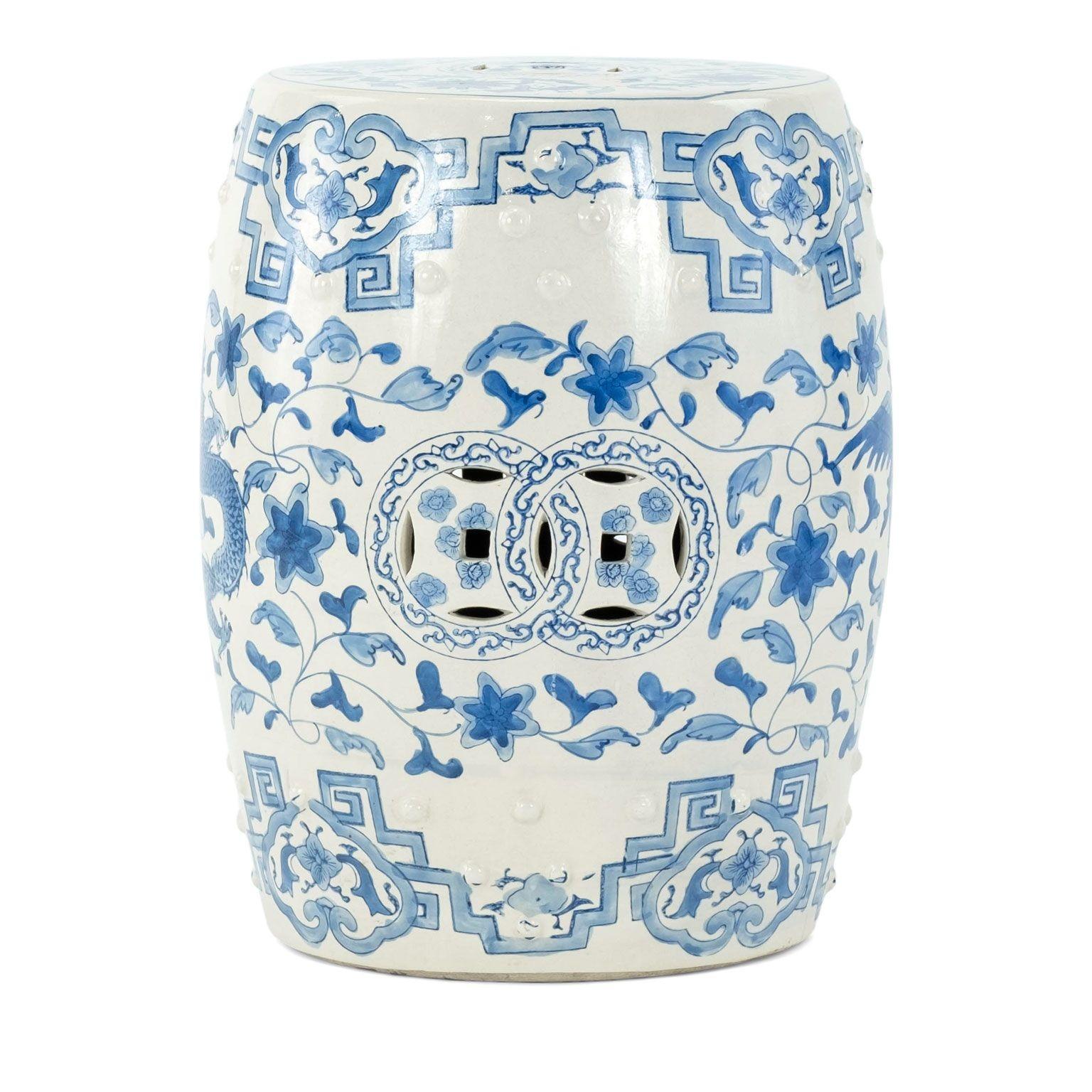 Blue and white porcelain garden seat, or stool, from China circa 1940-1959.