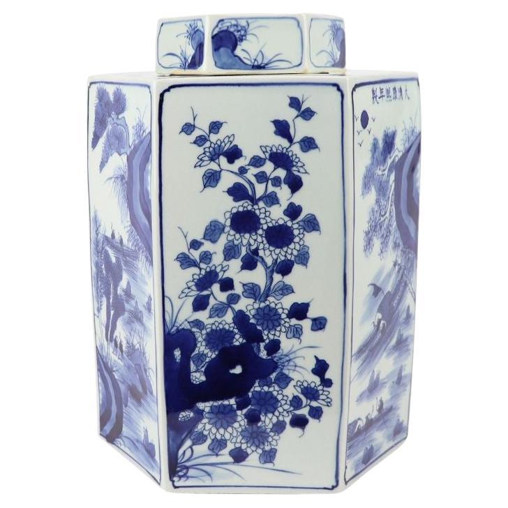 Blue and White Porcelain Hex Village Flower Jar