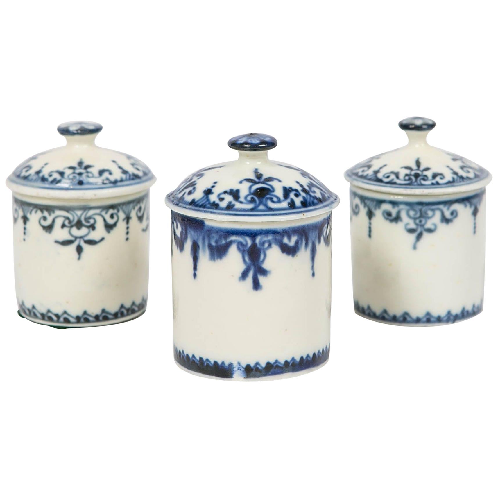 Blue and White Porcelain Jars Set of 3 Antique by Saint-Cloud, France 
