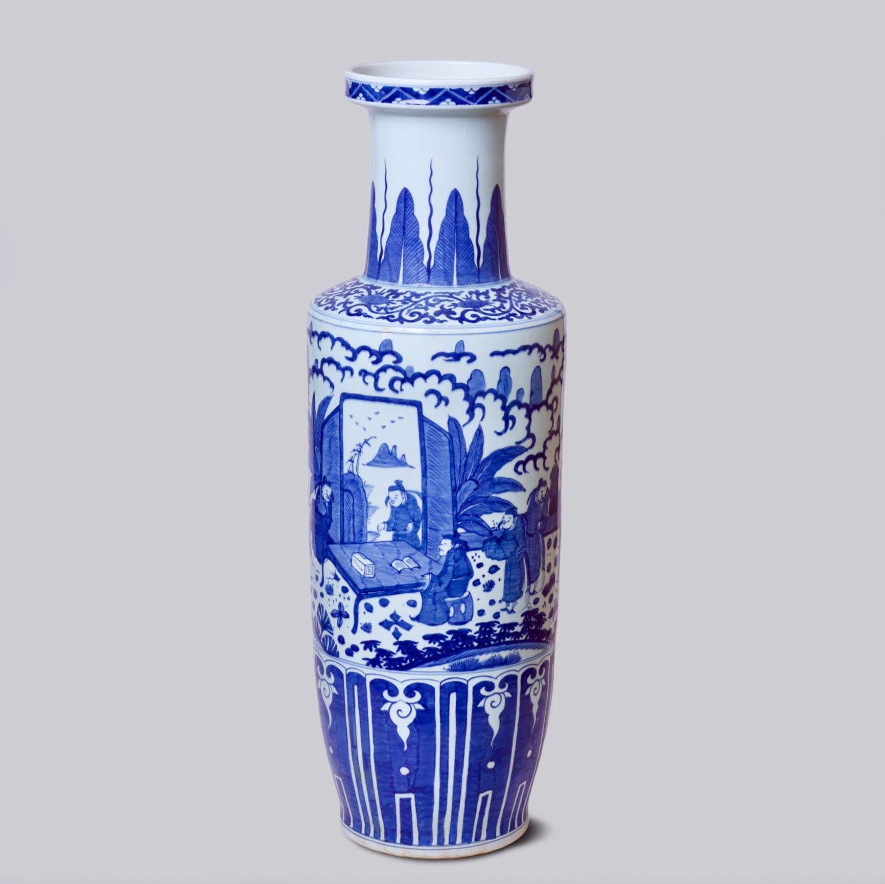 This mallet jar is a traditional porcelain vessel from Jingdezhen, a town long distinguished by imperial patronage. The lively scenes covering the entire body of the vase depict traditional scholars, or 
