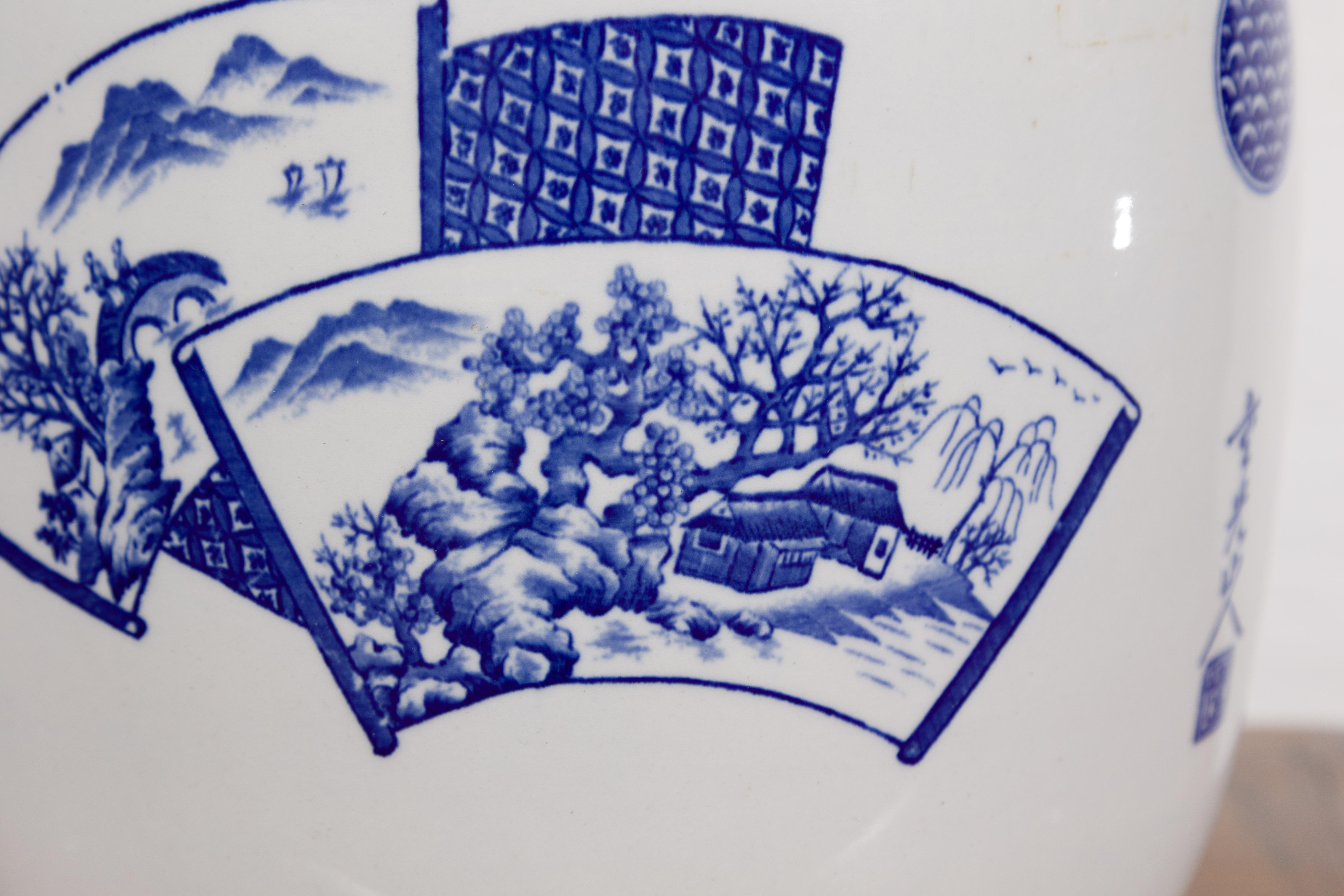 Blue and White Porcelain Planter with Hand Painted Landscape For Sale 2