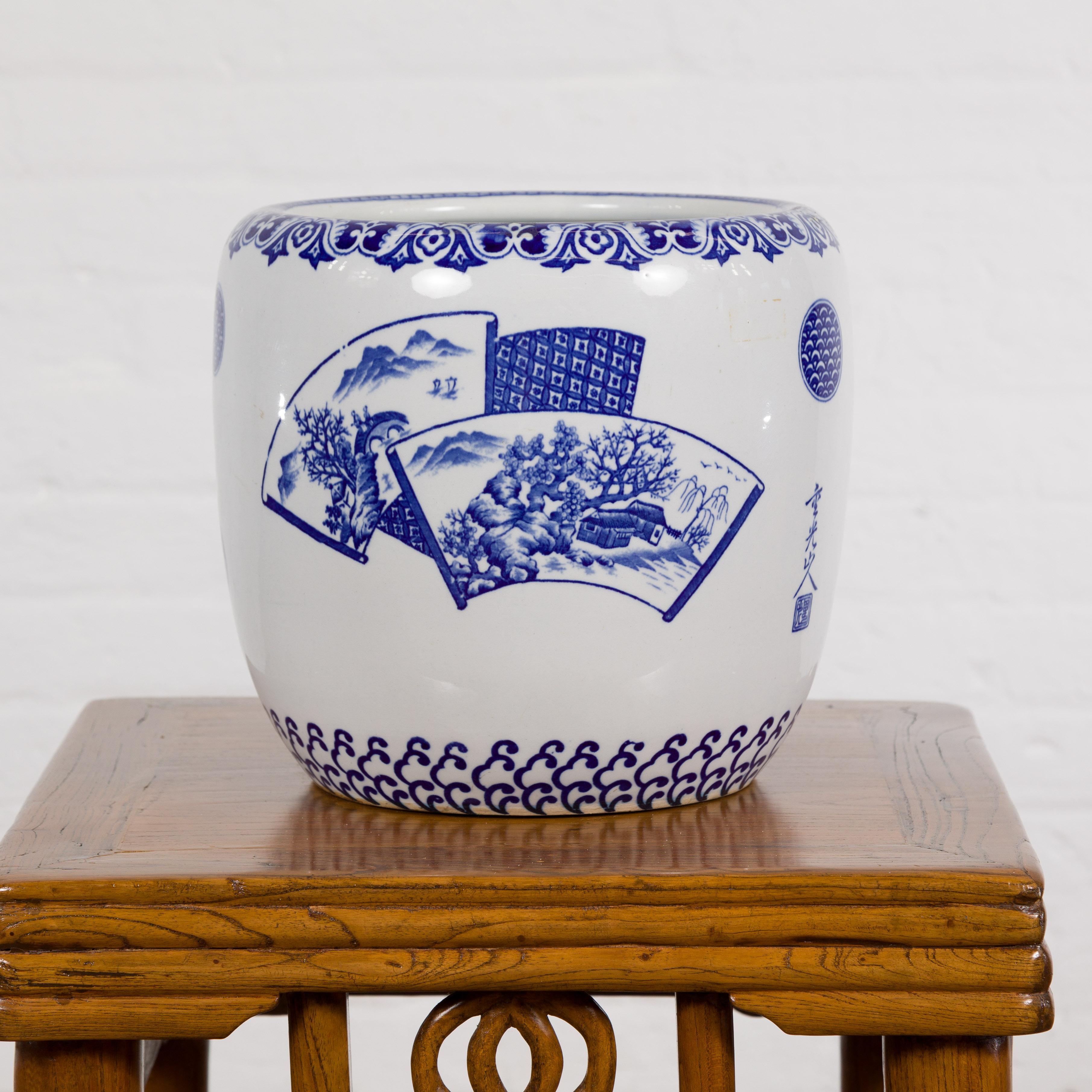 Chinese Blue and White Porcelain Planter with Hand Painted Landscape For Sale