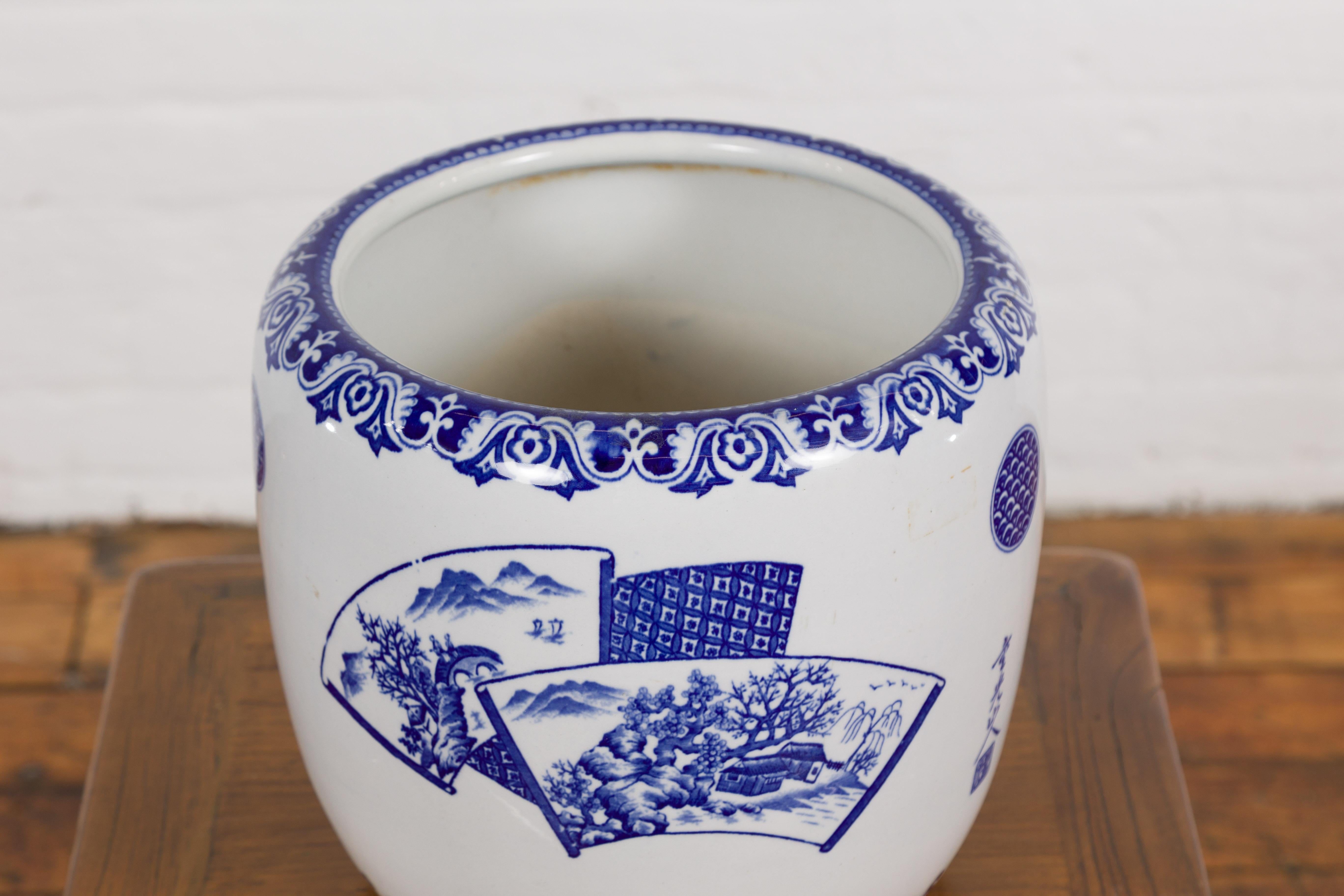 Hand-Painted Blue and White Porcelain Planter with Hand Painted Landscape For Sale