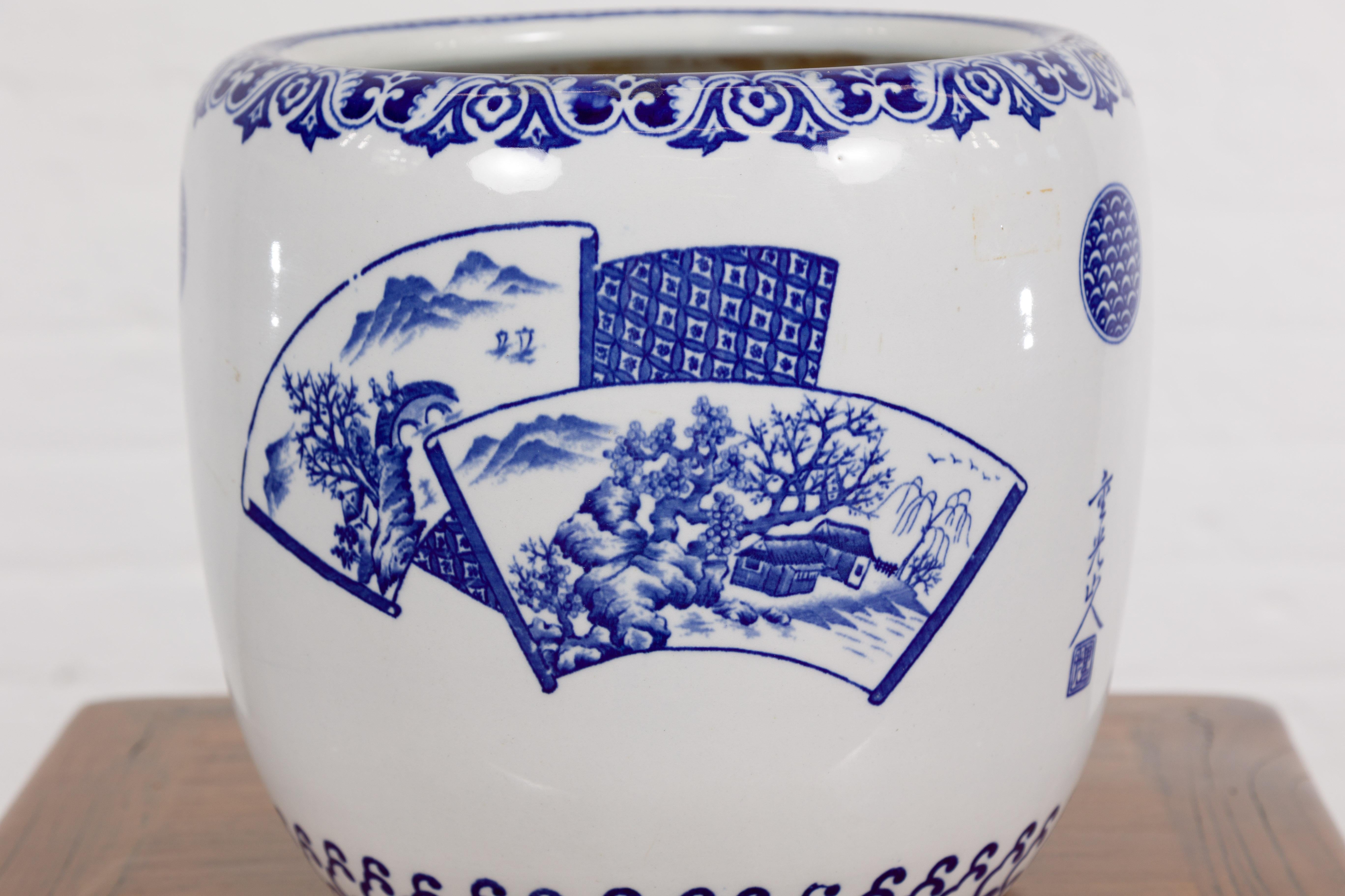 Blue and White Porcelain Planter with Hand Painted Landscape In Good Condition For Sale In Yonkers, NY