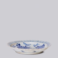 Blue and White Porcelain Platter with Bird and Flower Design and Foliated Rim