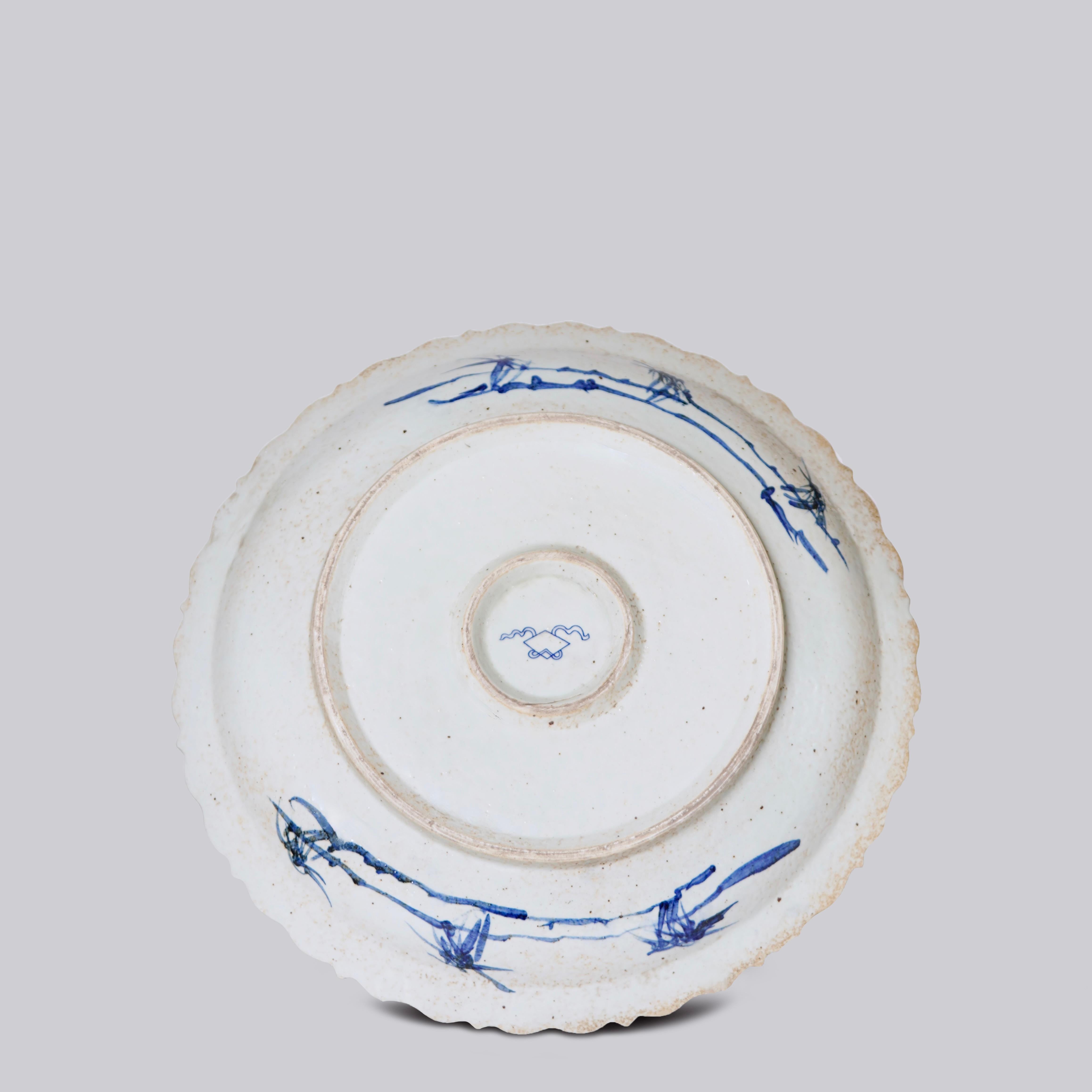 Chinese Blue and White Porcelain Platter with Bird and Flower Design and Foliated Rim