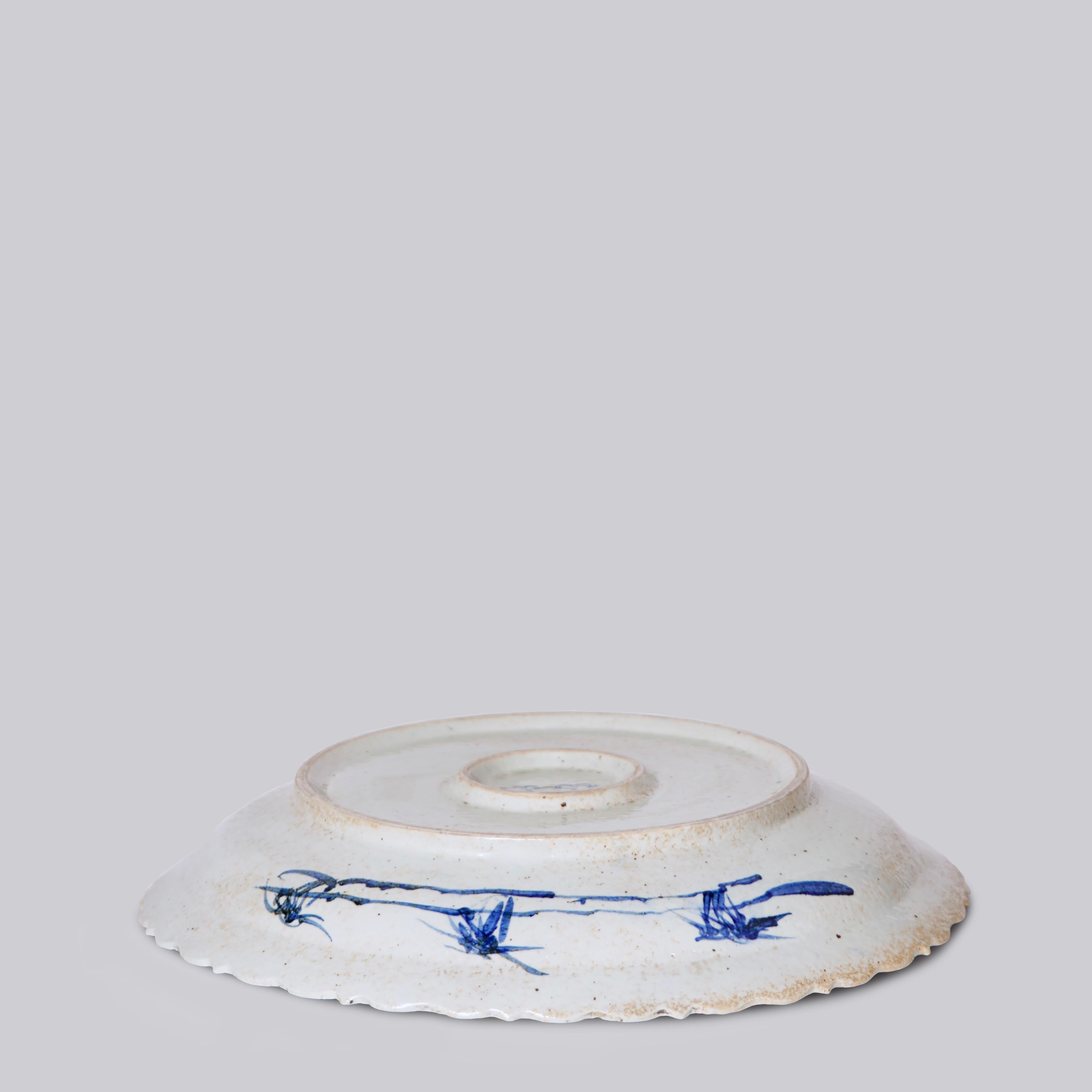 Fired Blue and White Porcelain Platter with Bird and Flower Design and Foliated Rim