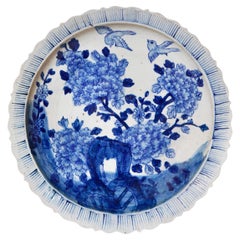 Blue and White Porcelain Platter with Bird and Flower Design and Foliated Rim