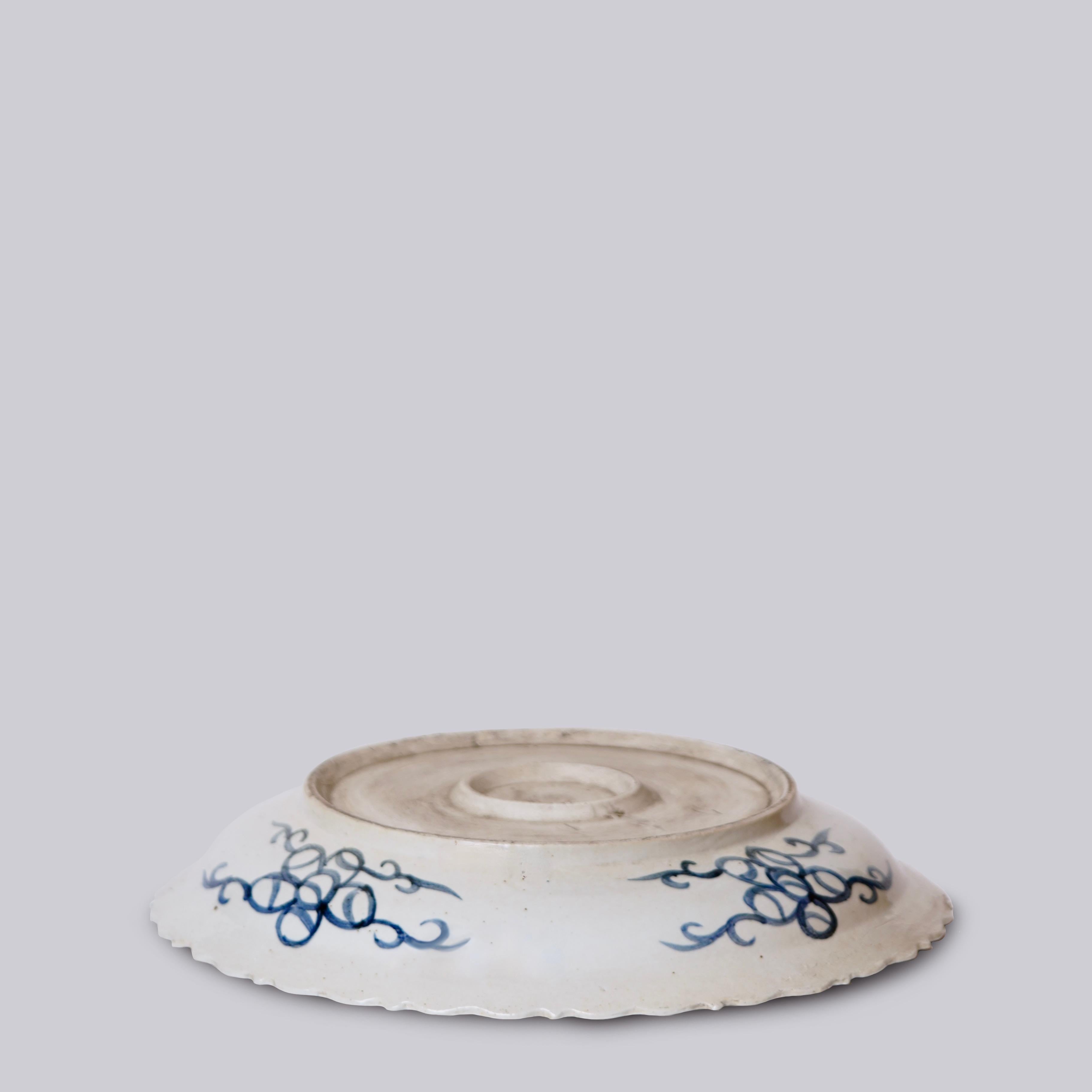 Fired Blue and White Porcelain Platter with Floral Design and Foliated Rim For Sale