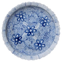Blue and White Porcelain Platter with Floral Design and Foliated Rim