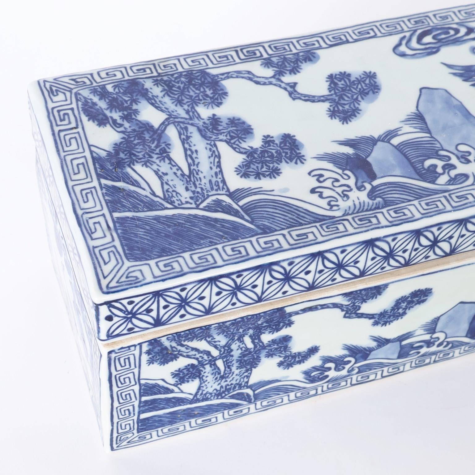 Glazed Blue and White Porcelain Rectangular Lidded Box