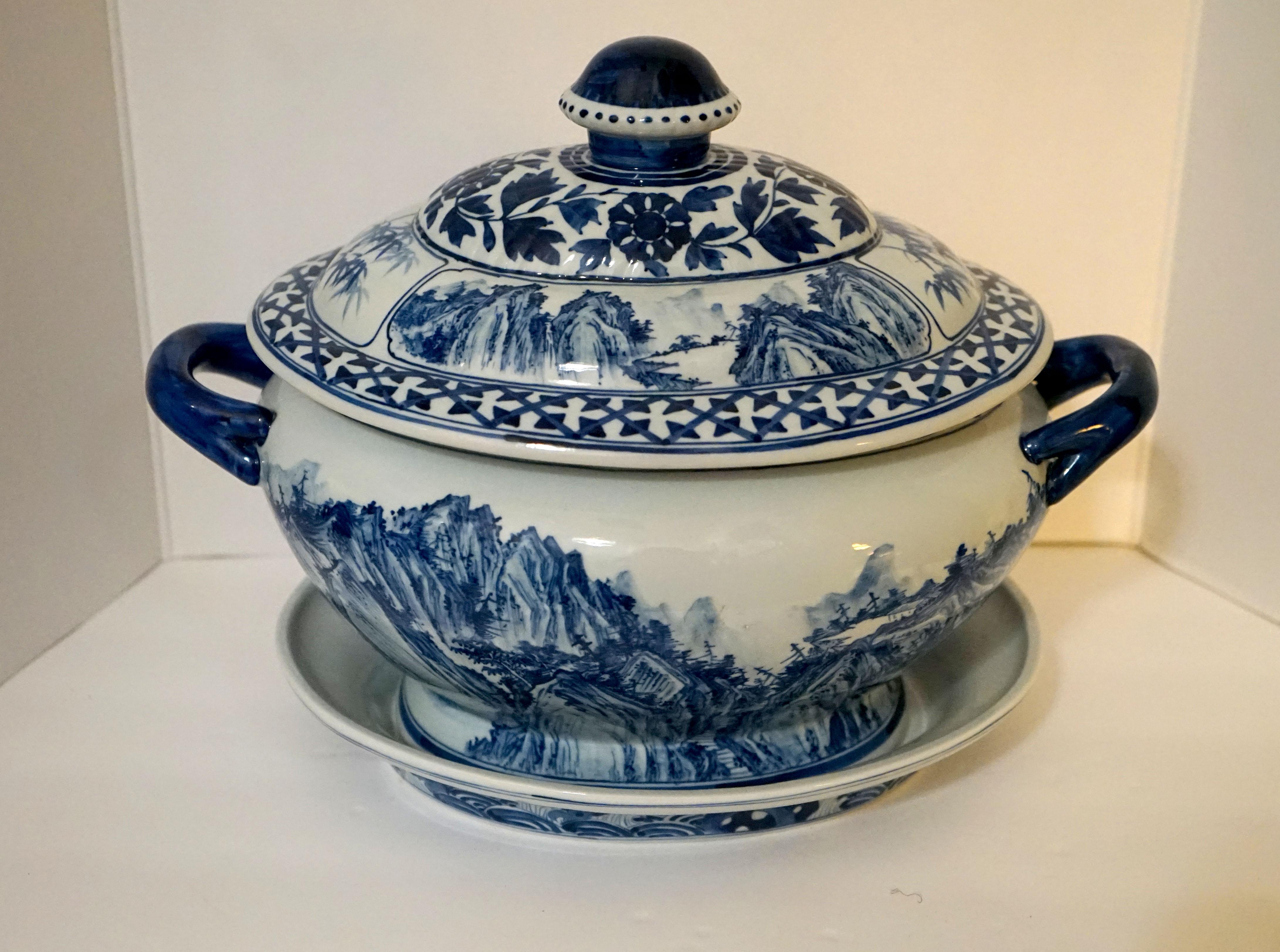 The flavor of the soup may become secondary to this marvelous covered tureen cover and liner, perfect for guests or simply soup for two. A soup tureen so compelling you could lose yourself in the mountains, trees and other designs of the bowl as you