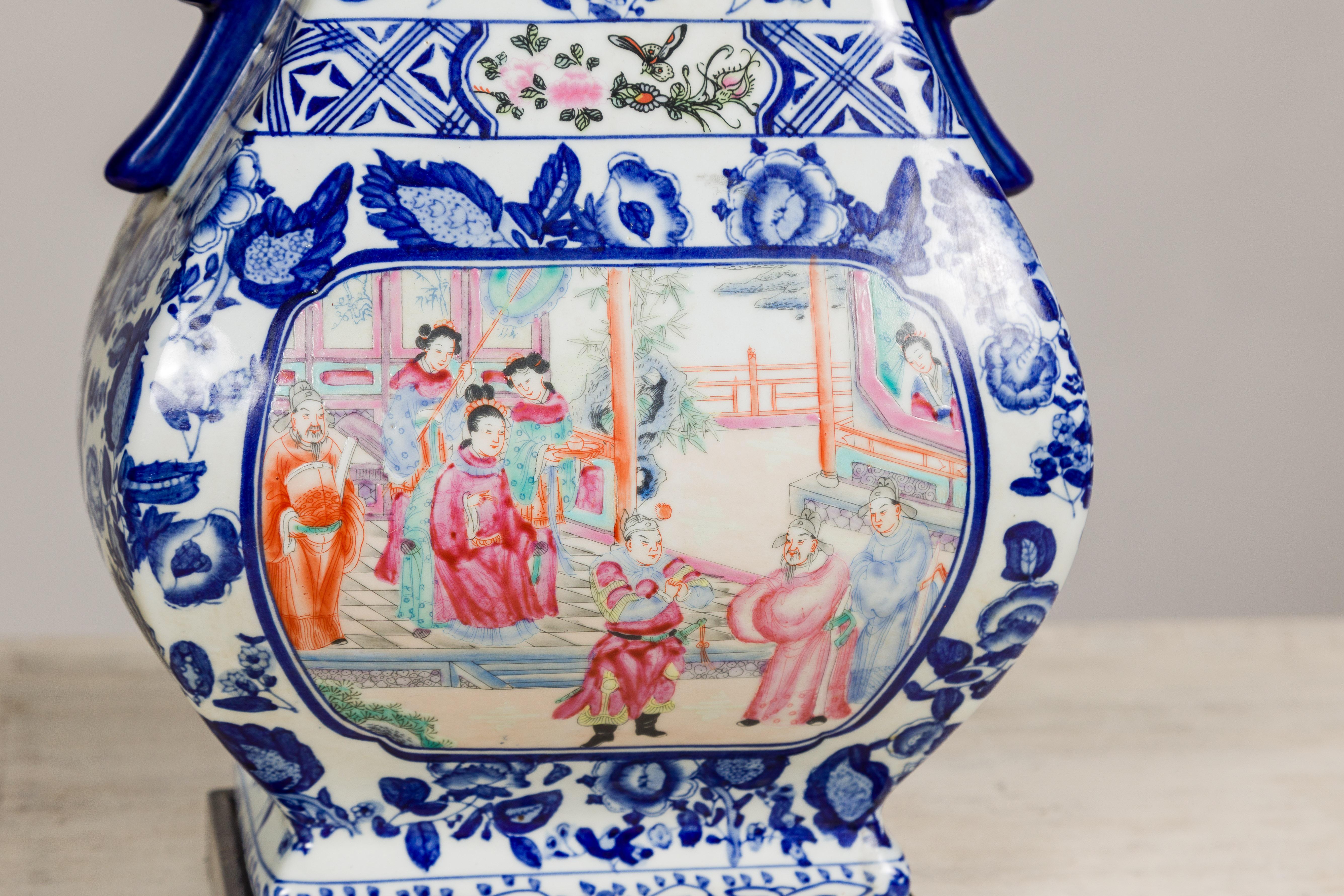 Blue and White Porcelain Table Lamp with Hand-Painted Court Scenes In Good Condition For Sale In Yonkers, NY