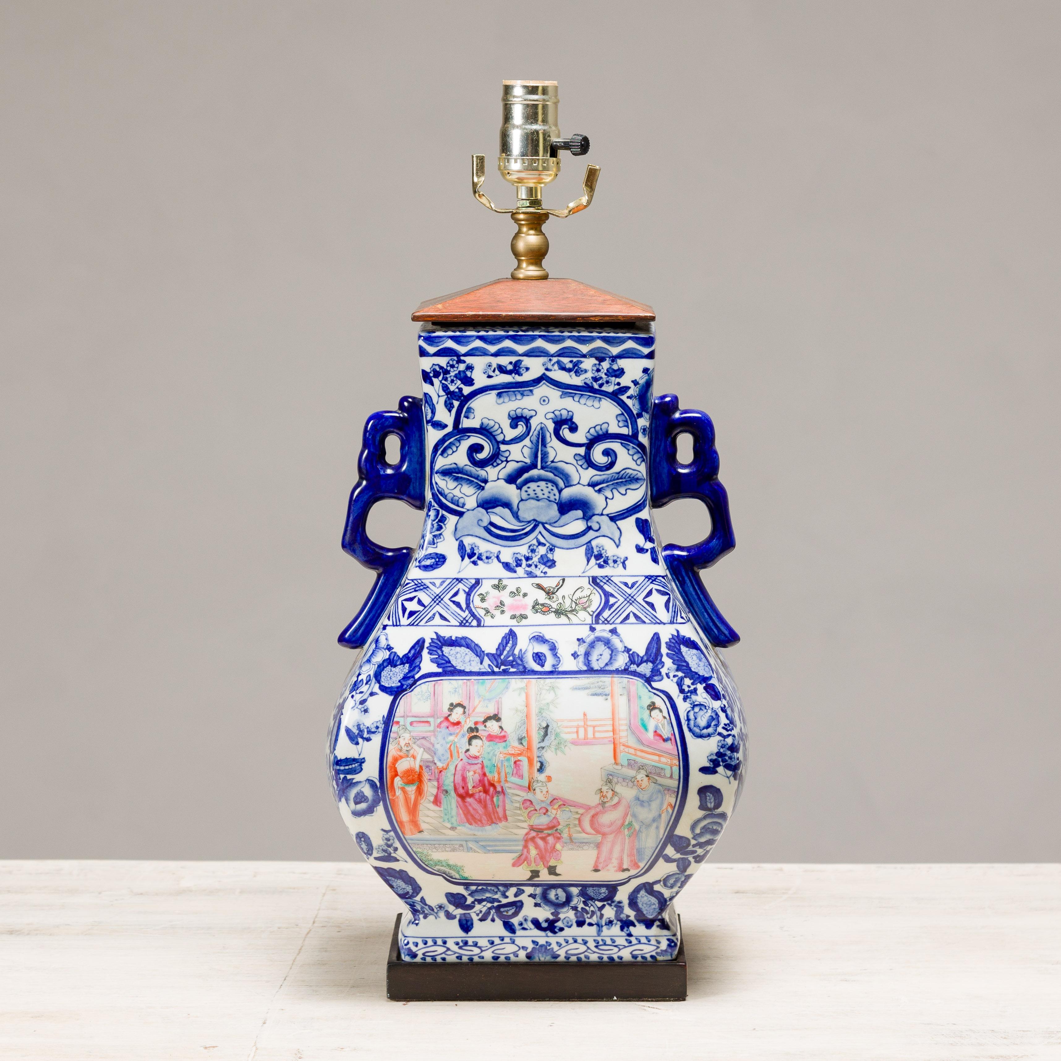 20th Century Blue and White Porcelain Table Lamp with Hand-Painted Court Scenes For Sale