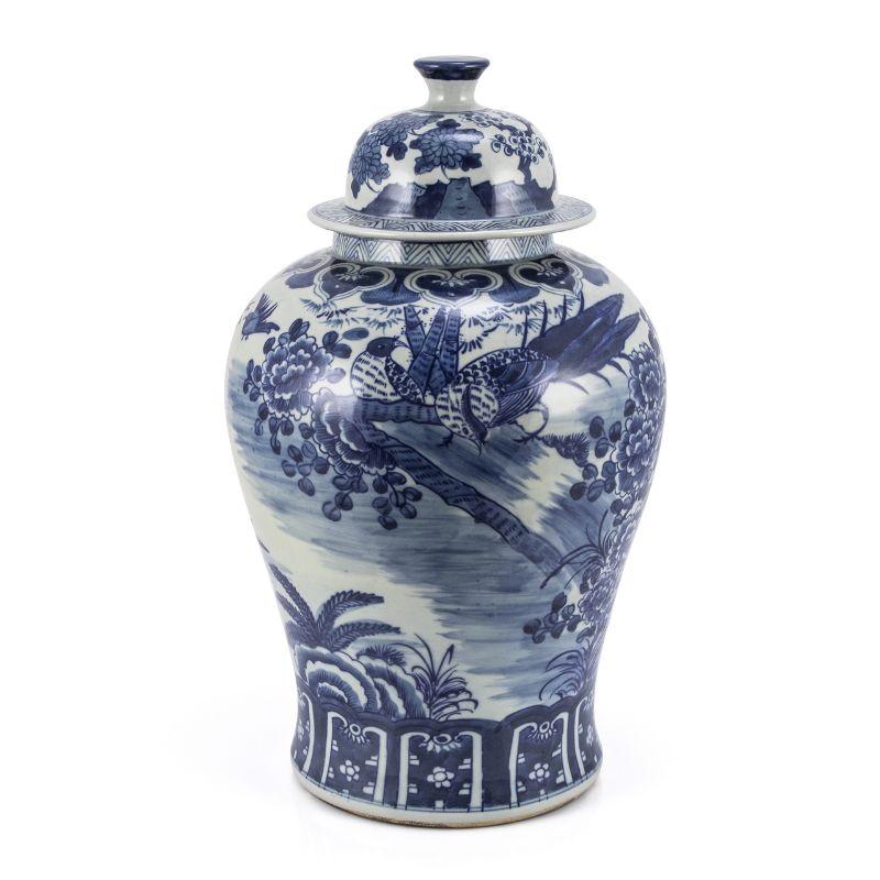 Chinese Chippendale Blue and White Porcelain Temple Jar Blossom Garden with Birds For Sale