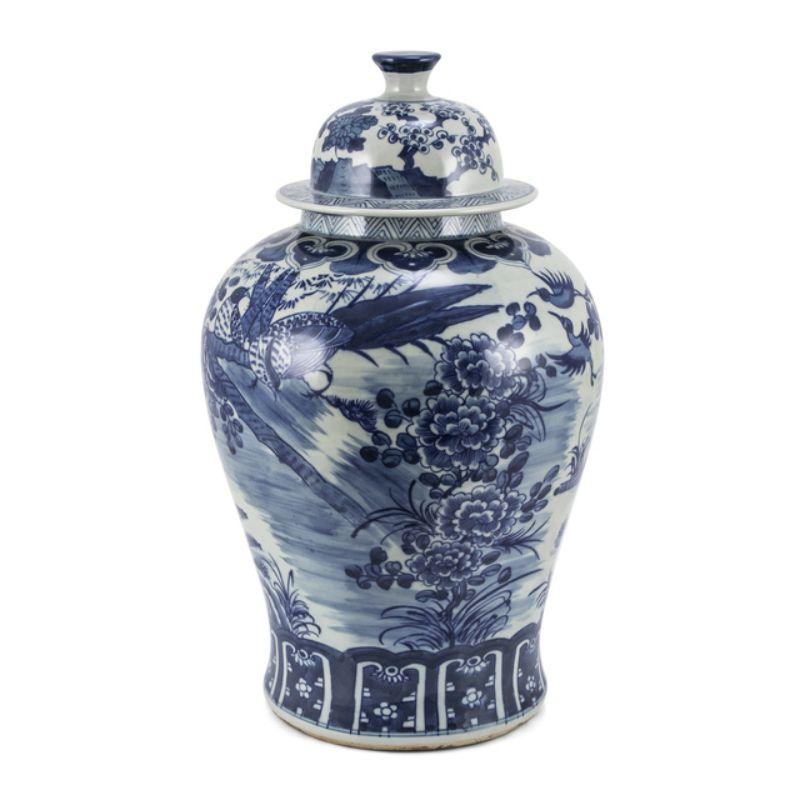 Chinese Blue and White Porcelain Temple Jar Blossom Garden with Birds For Sale