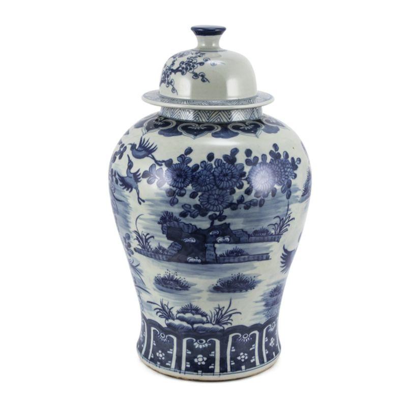 Hand-Painted Blue and White Porcelain Temple Jar Blossom Garden with Birds For Sale