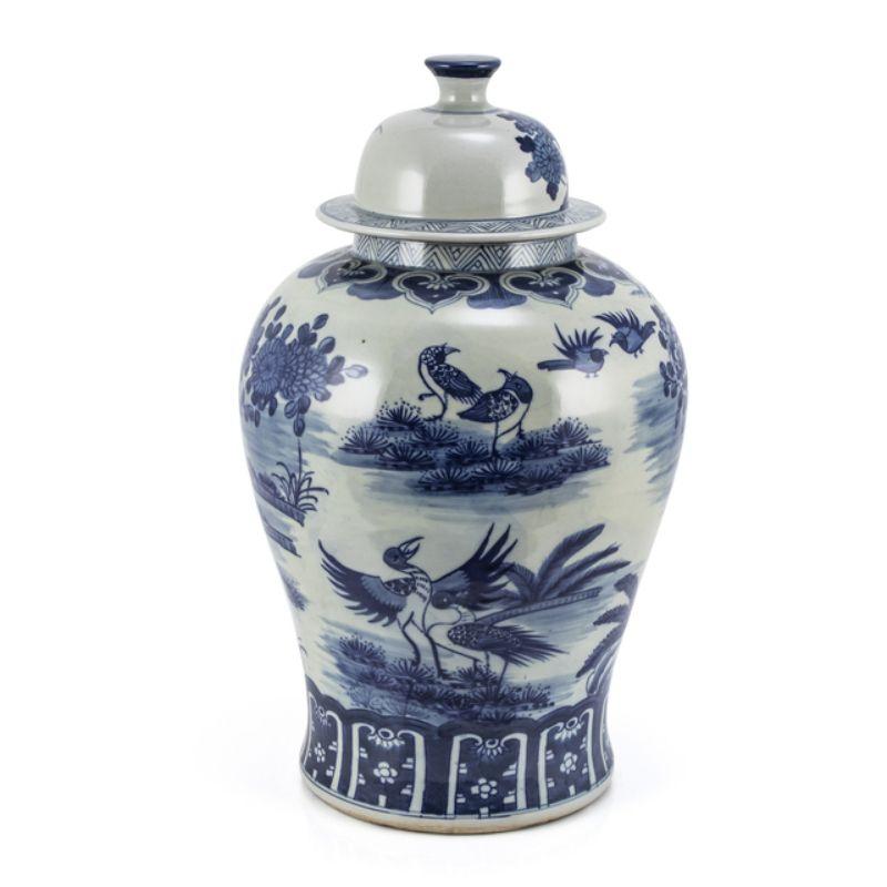 Blue and White Porcelain Temple Jar Blossom Garden with Birds In New Condition For Sale In Carson, CA