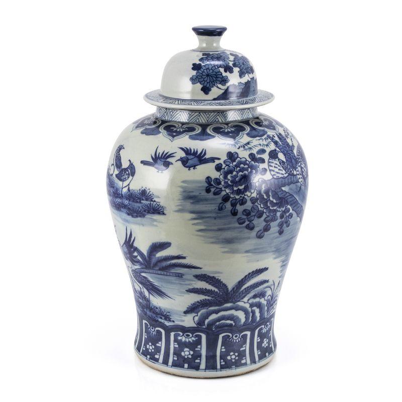 Contemporary Blue and White Porcelain Temple Jar Blossom Garden with Birds For Sale