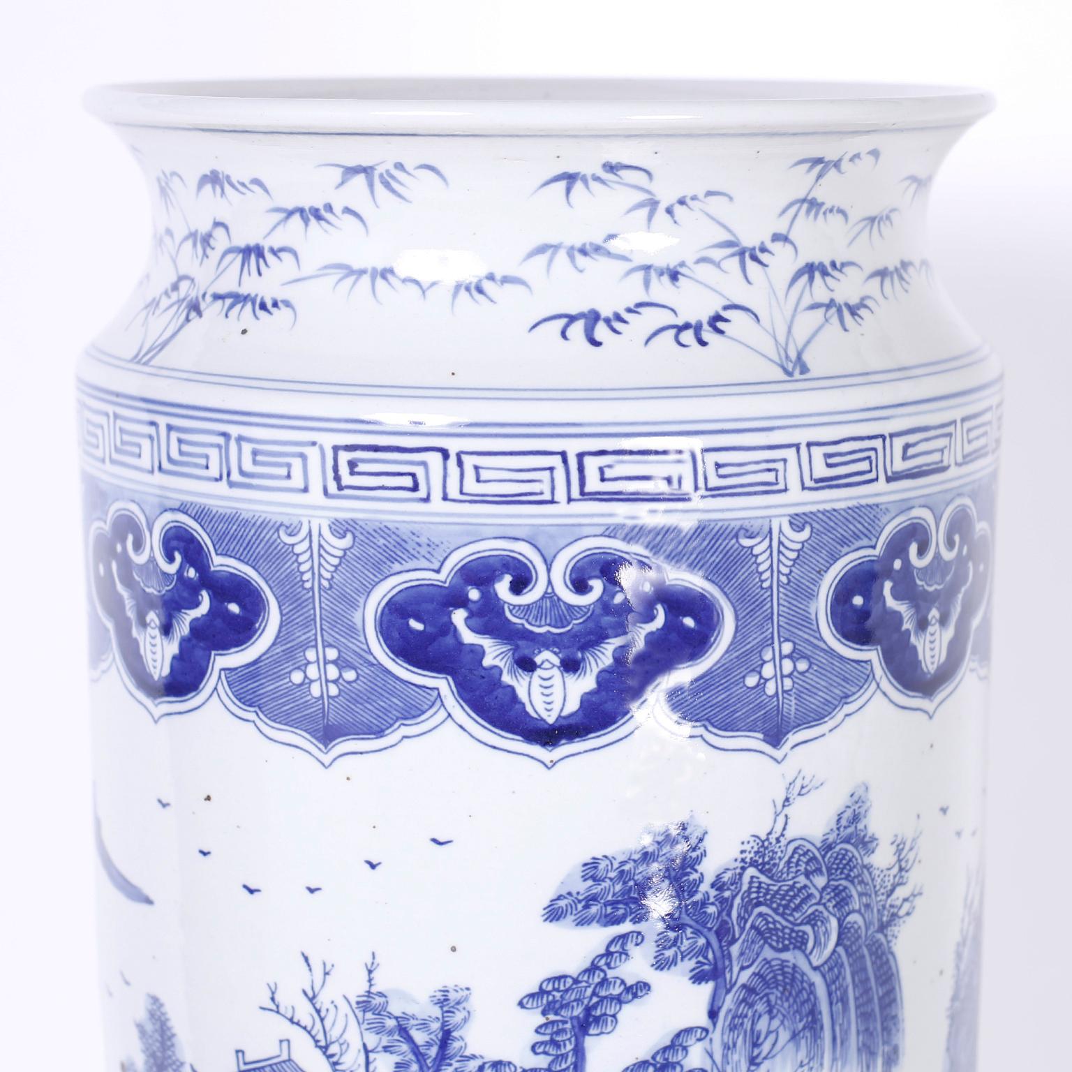 Chinoiserie Blue and White Porcelain Umbrella Stand