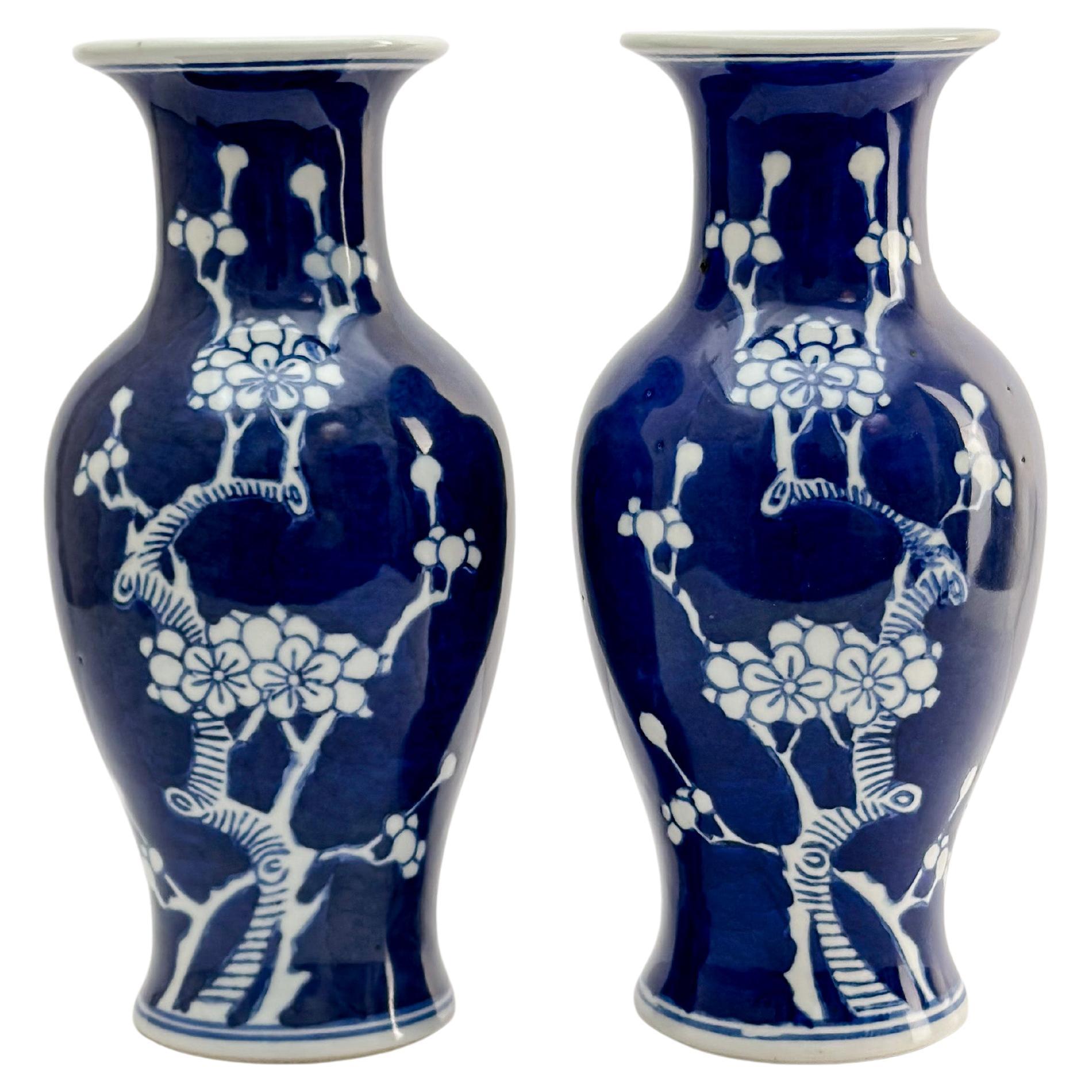 Blue and White Porcelain Vase, Chinese Kangxi Prunus, Matching Pair c.1980s