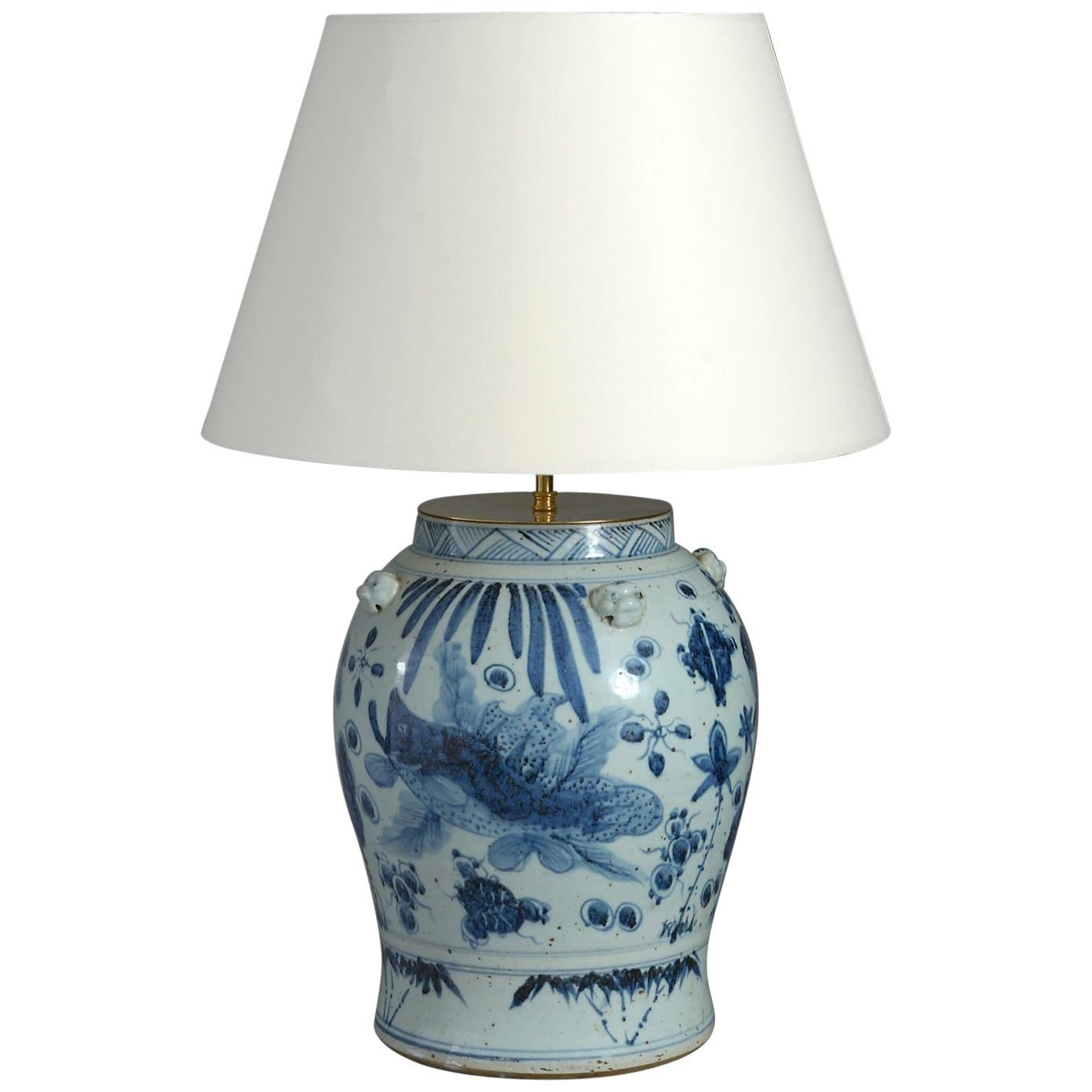 Blue and White Porcelain Vase Lamp Decorated with Fish and Seaweed
