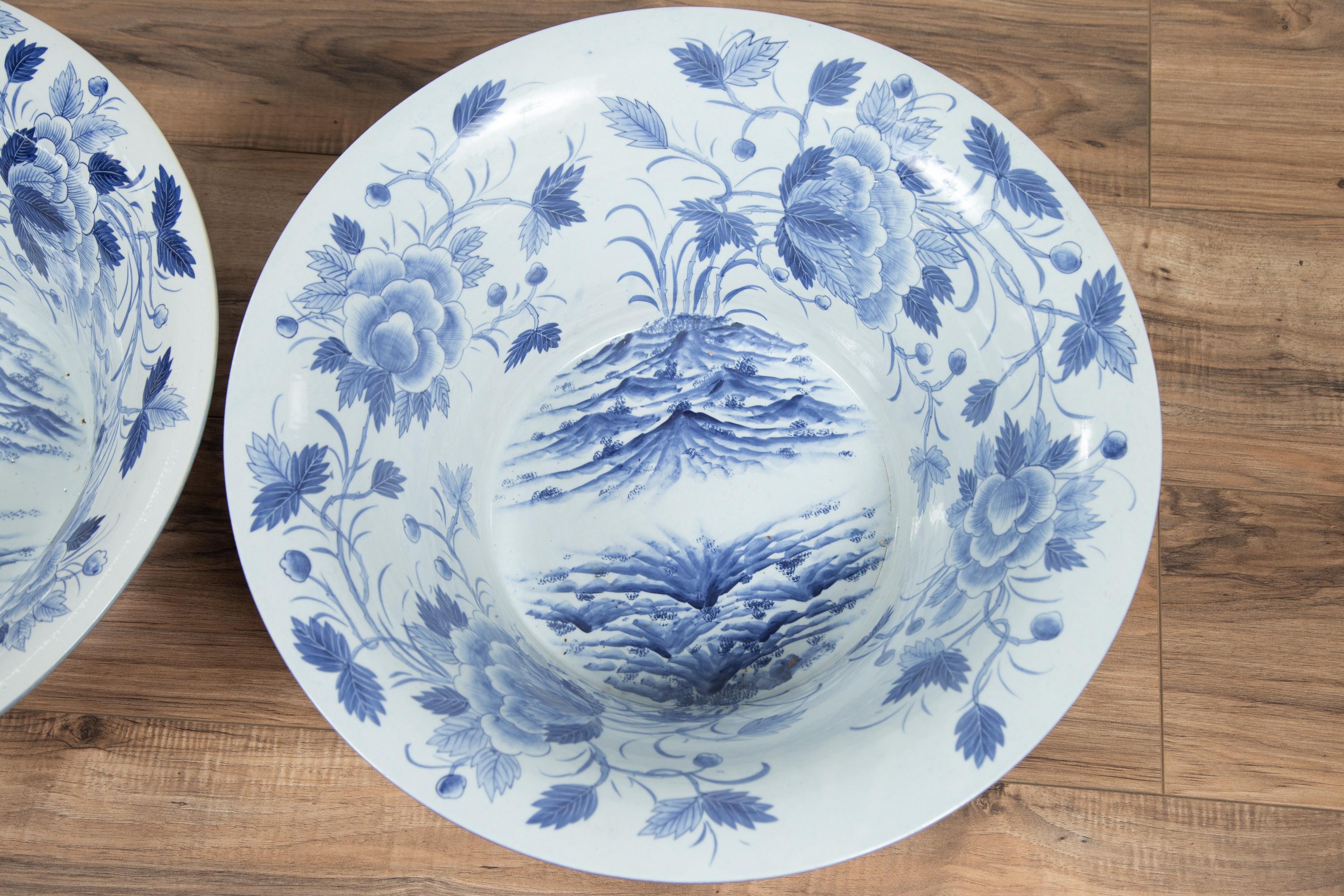 Ceramic Blue and White Porcelain Wash Basin with Cobalt Blue Patina and Floral Motifs For Sale