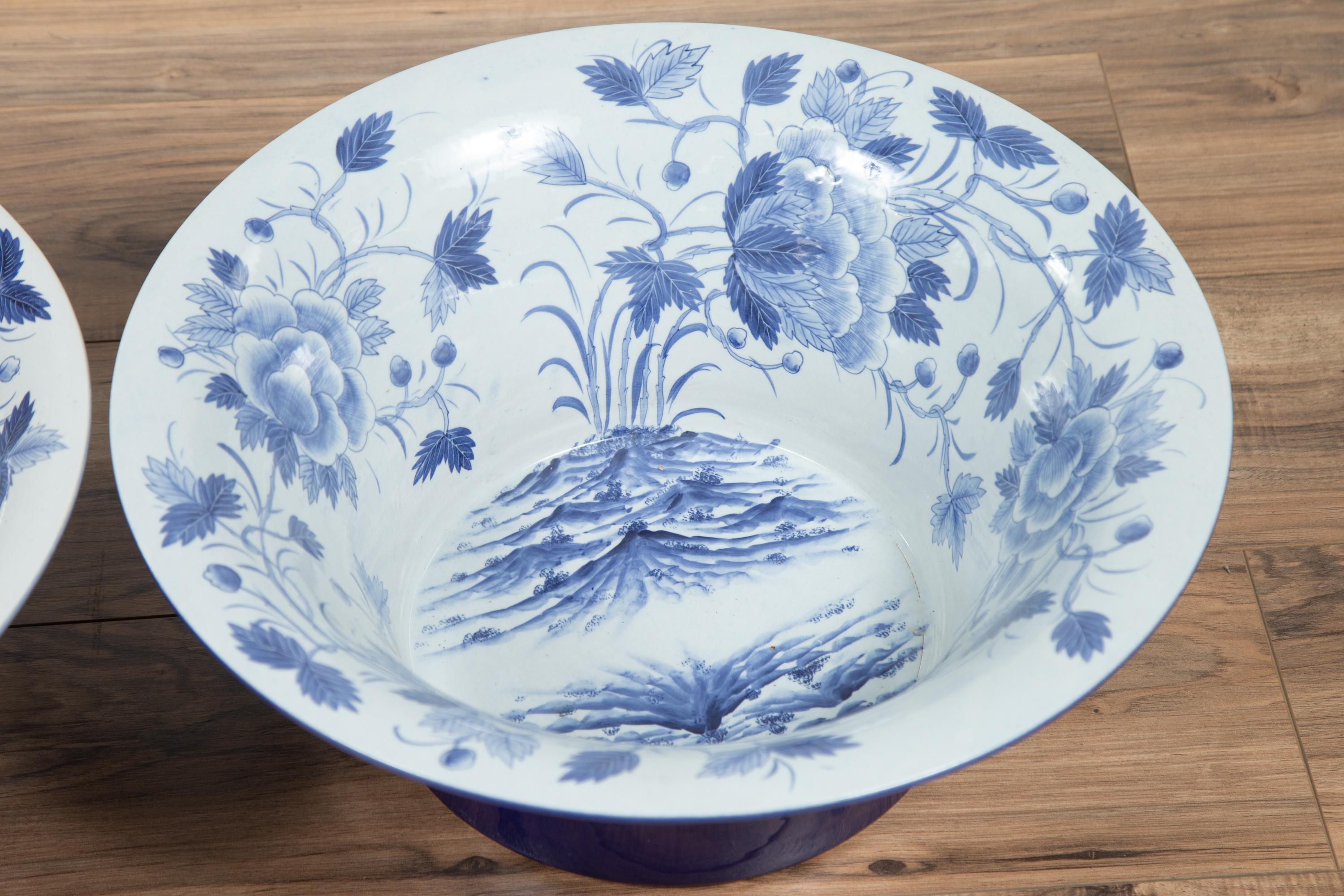 Blue and White Porcelain Wash Basin with Cobalt Blue Patina and Floral Motifs For Sale 1