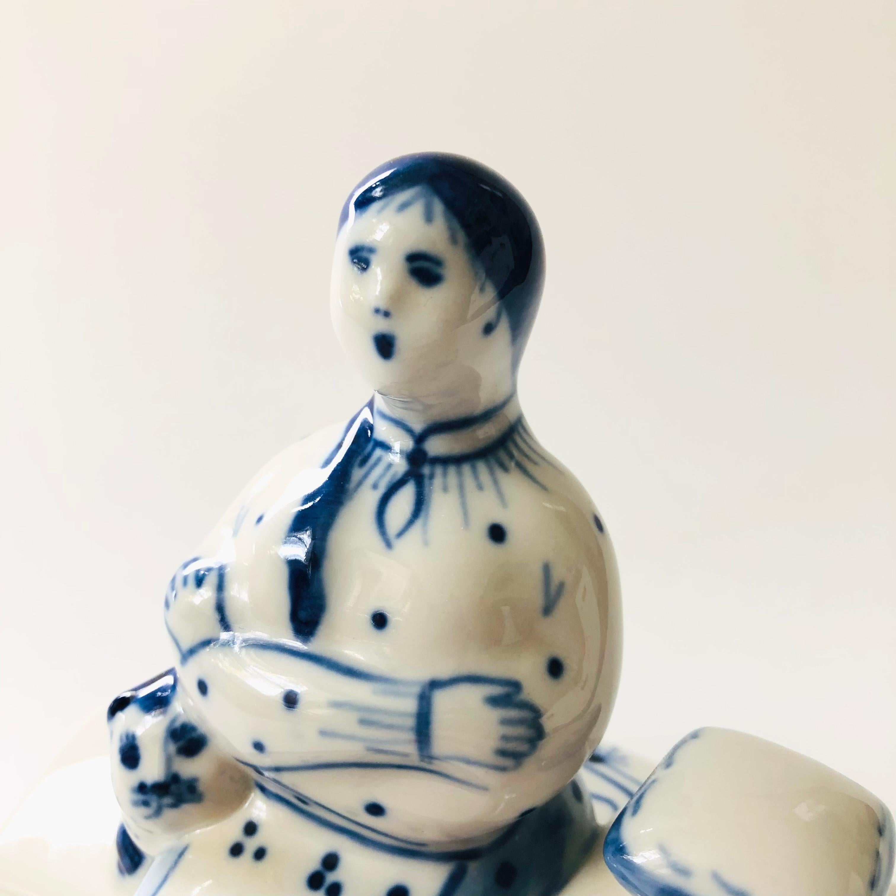 20th Century Blue and White Porcelain Woman Butter Dish
