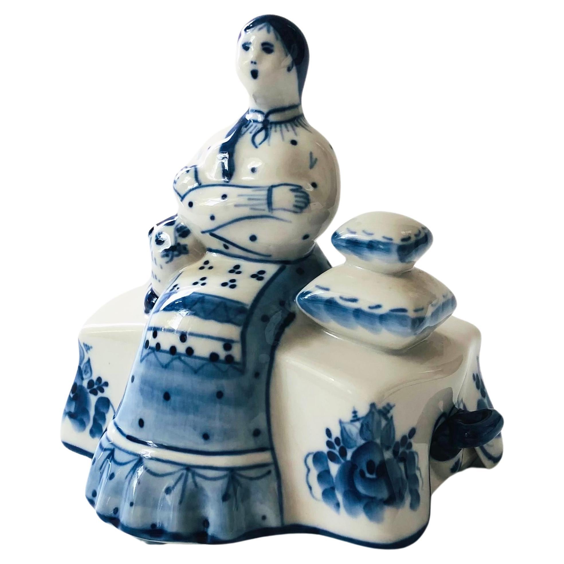 Blue and White Porcelain Woman Butter Dish