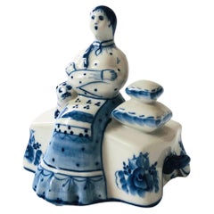Vintage Blue and White Porcelain Woman Butter Dish