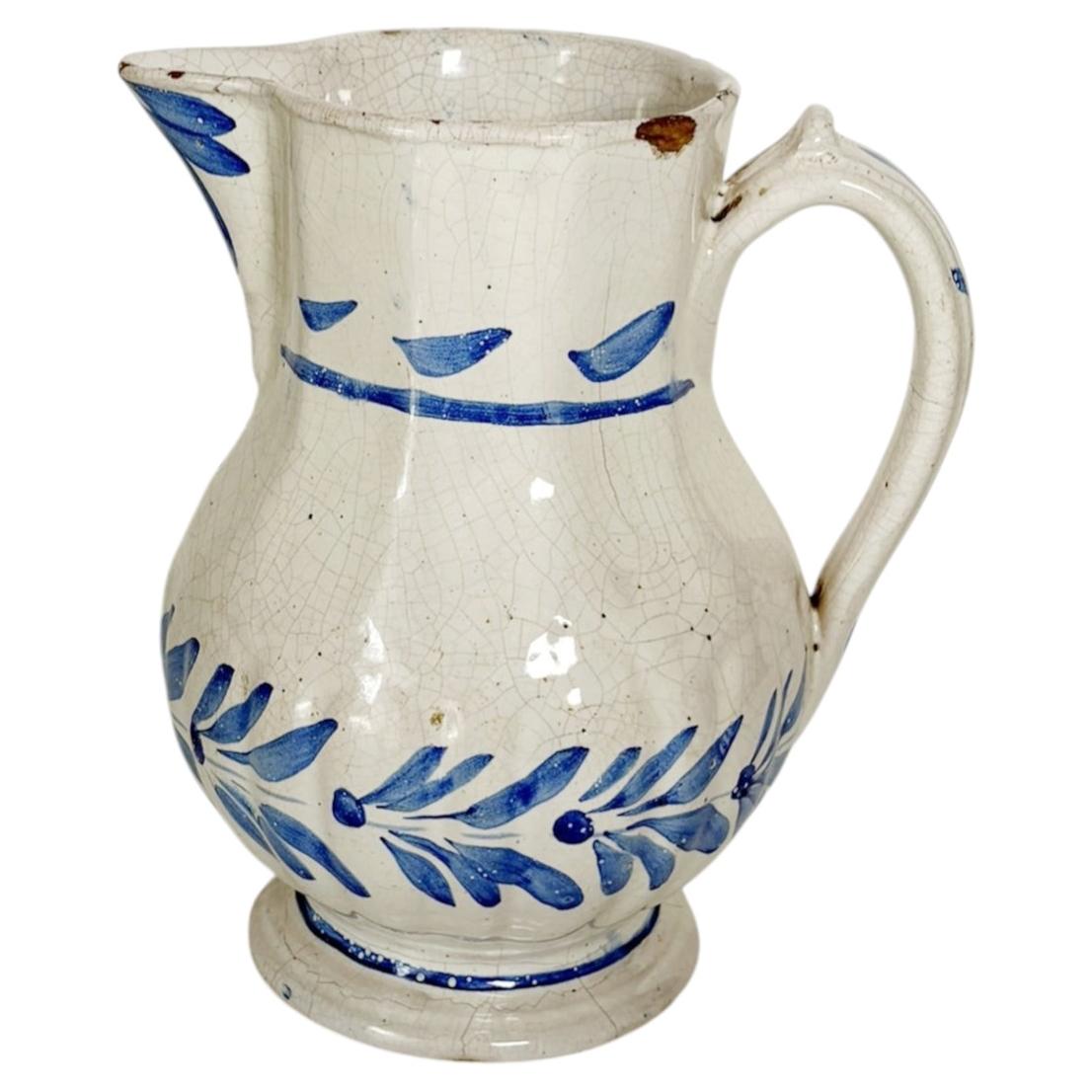 Blue and white pottery jug, hand-painted,  19th century For Sale