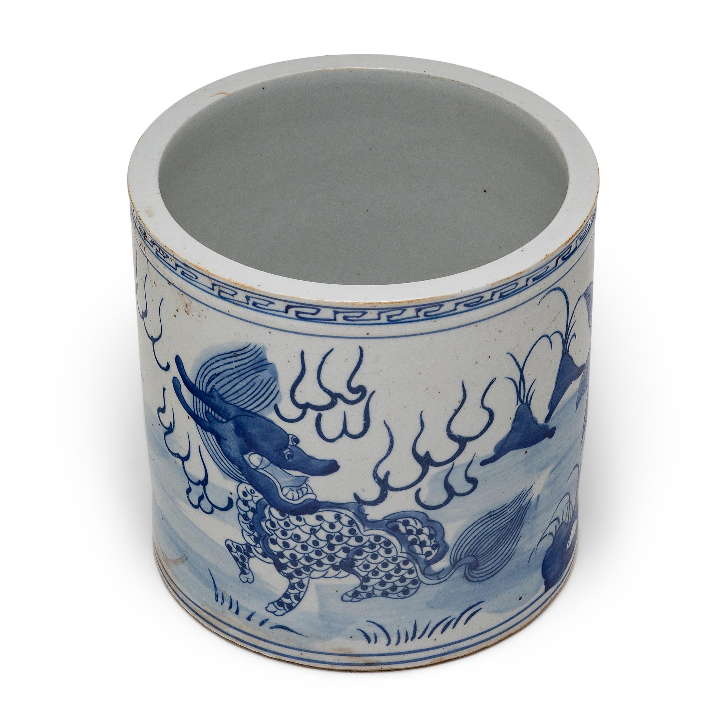 Chinese Export Blue and White Qilin Brush Pot For Sale