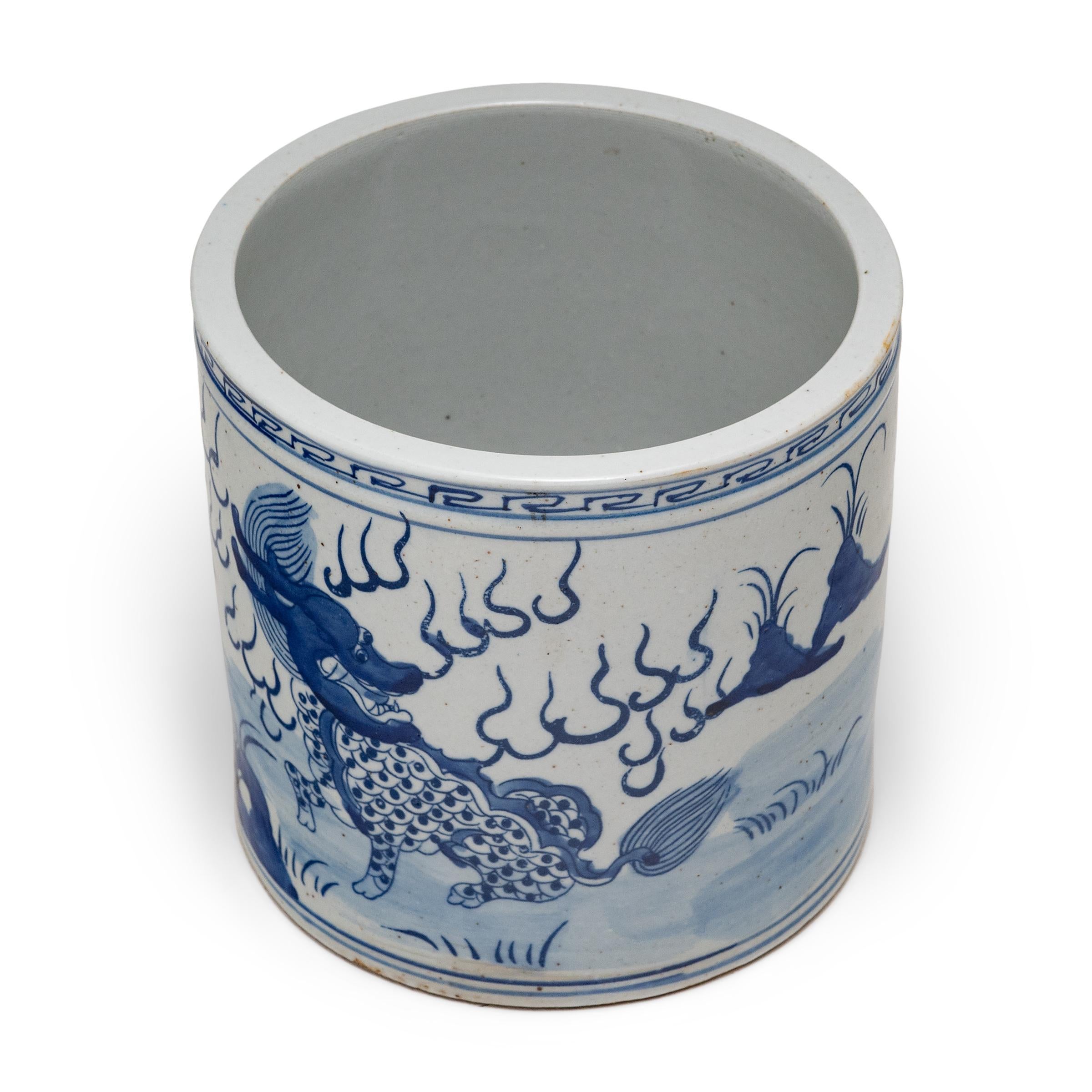 Chinese Export Blue and White Qilin Brush Pot
