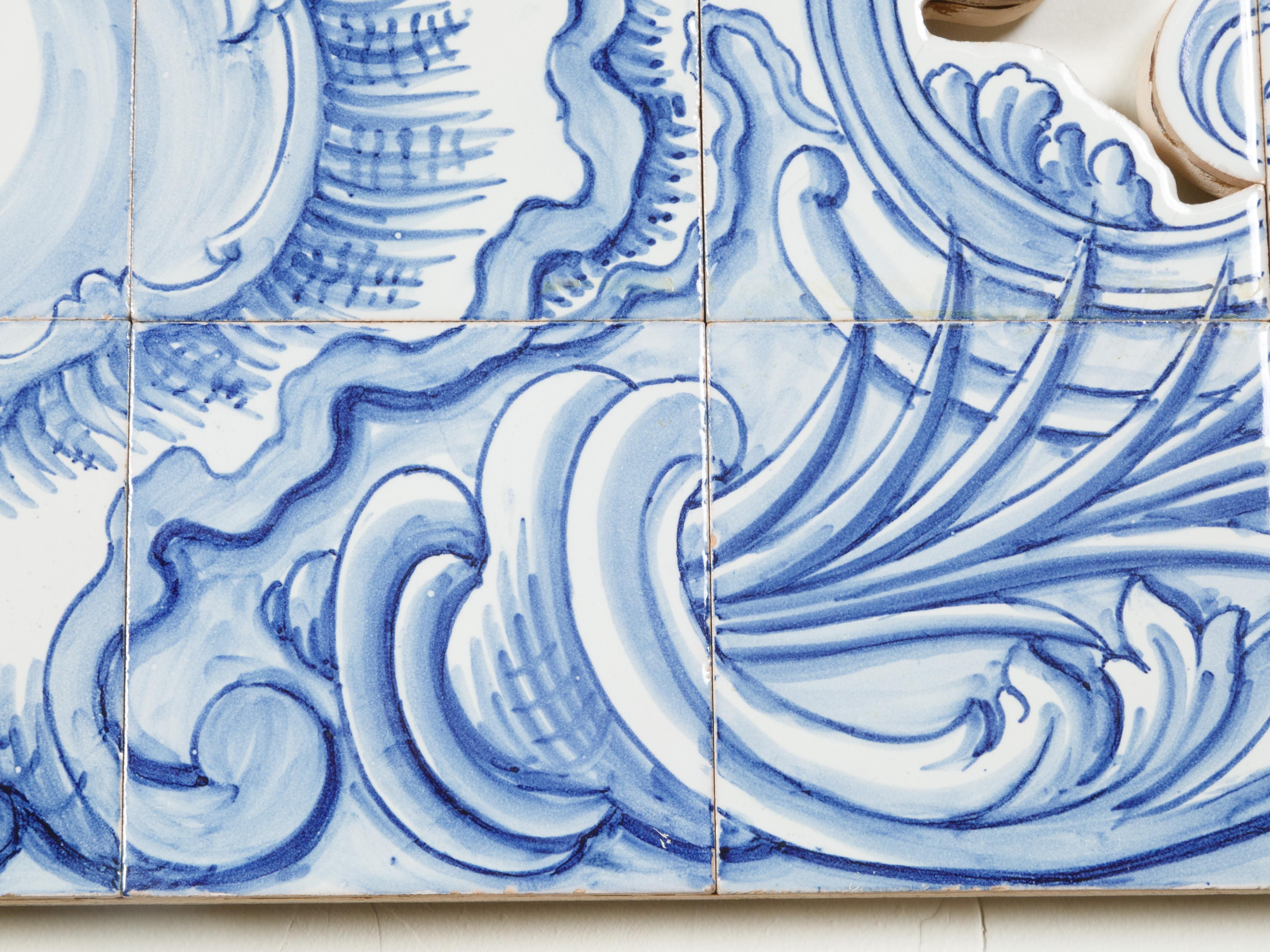 Glazed Blue and White Rococo Style Delft Tiles Architectural Fragment on Wood