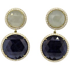 Blue and White Sapphire Diamond Gold Drop Earrings