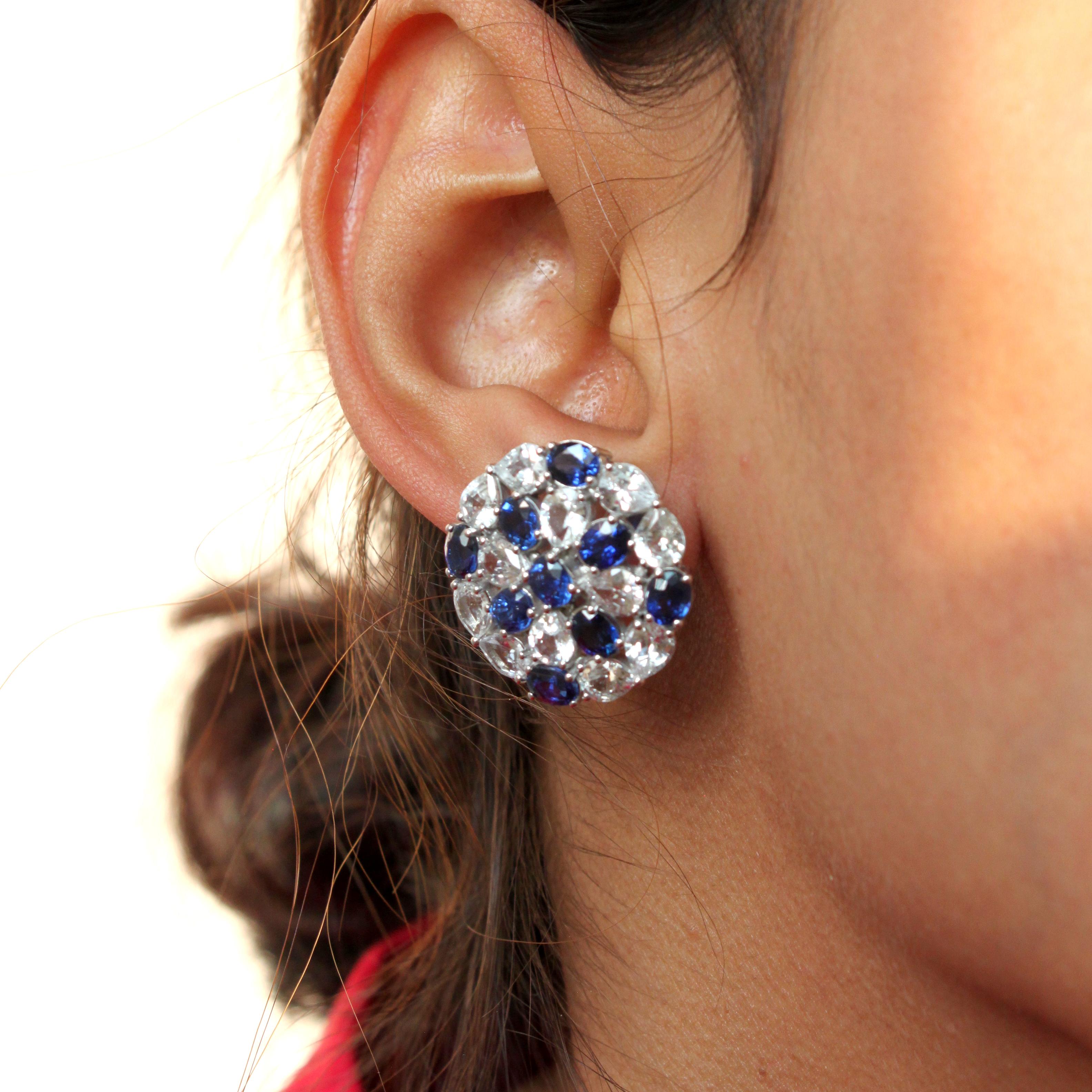 Modern Blue and White Sapphire Earrings in Gleaming 14K White Gold For Sale