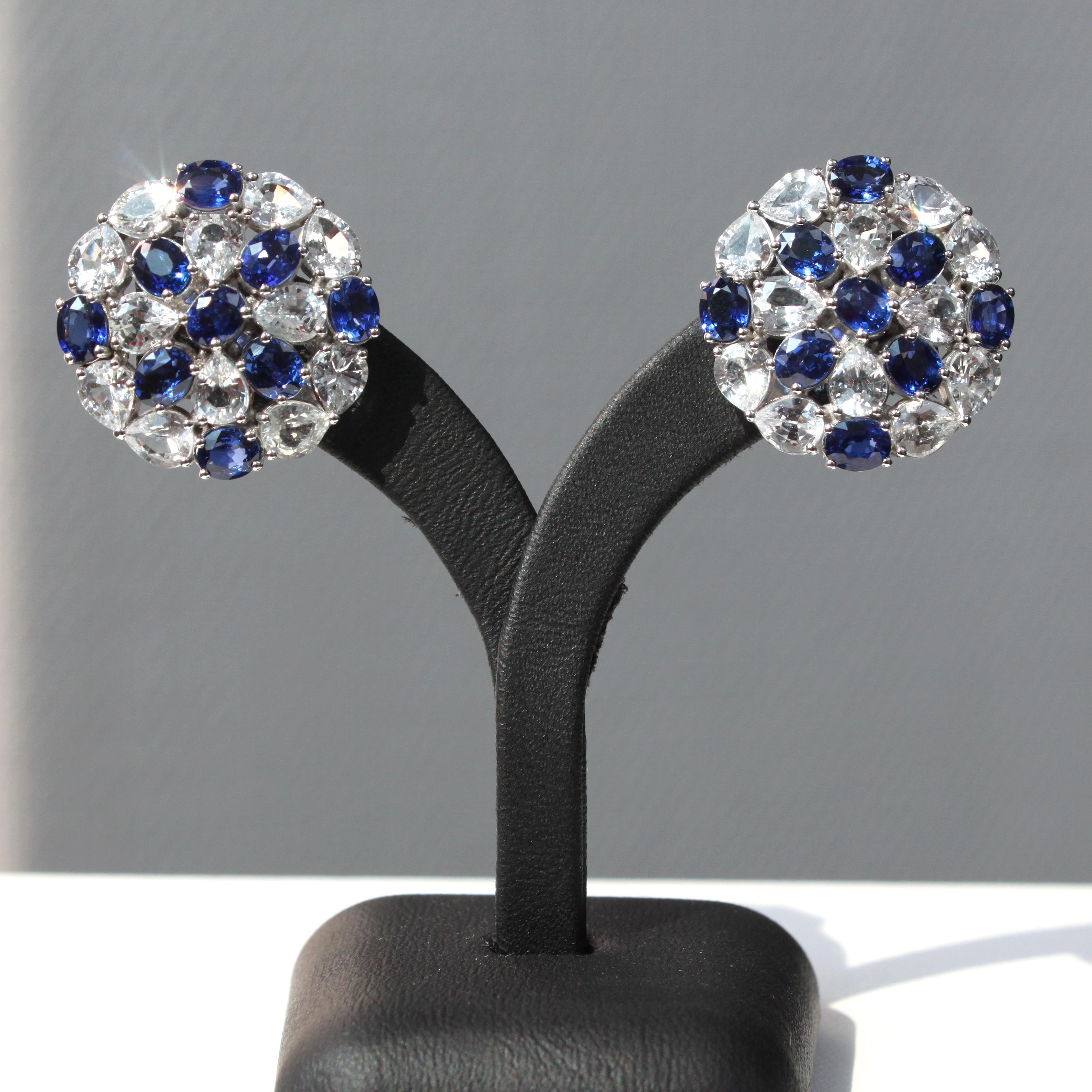 Pear Cut Blue and White Sapphire Earrings in Gleaming 14K White Gold For Sale